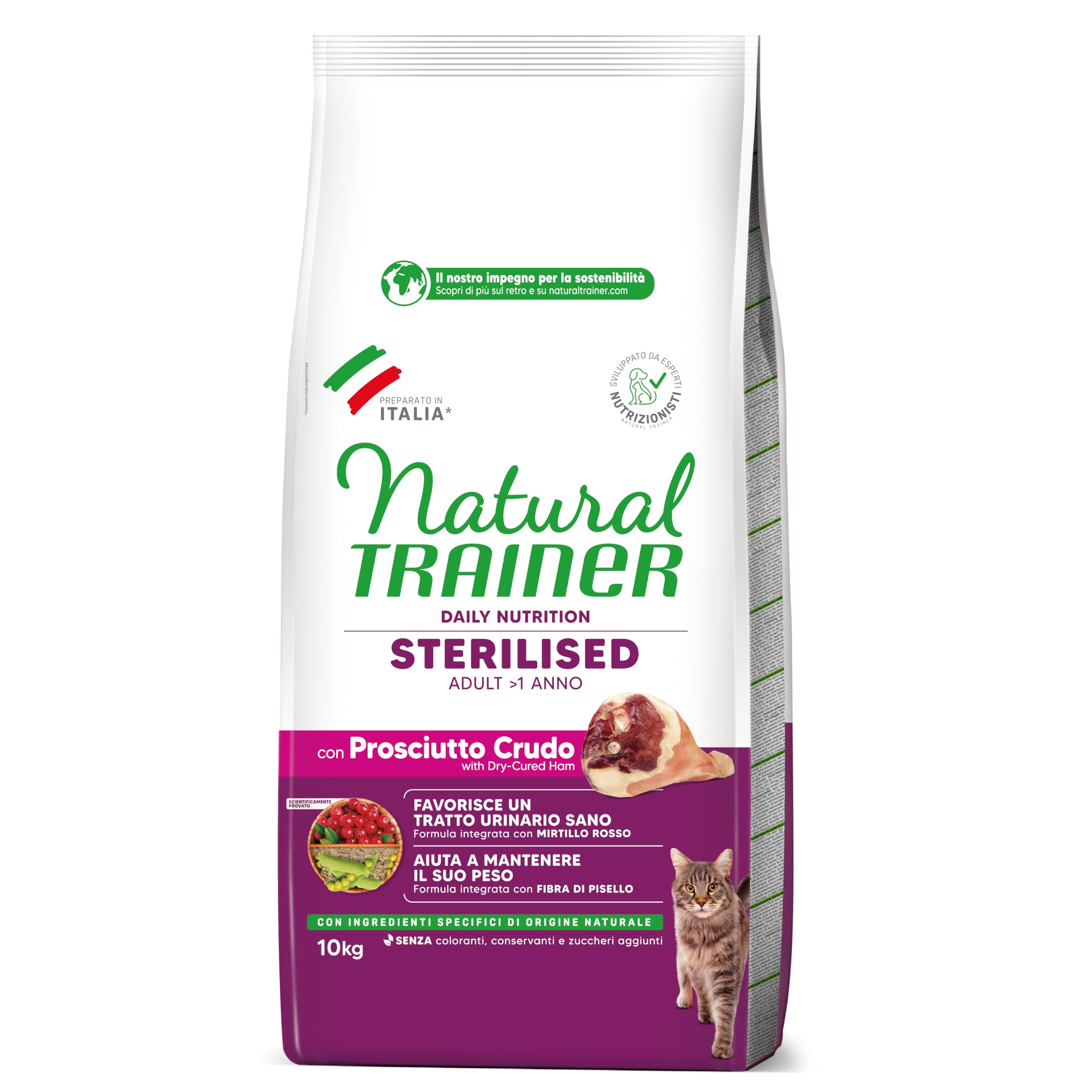 Trainer Natural Sterilised Adult con Prosciutto Crudo e Fibra di Pisello 10 Kg, 10000 Gr