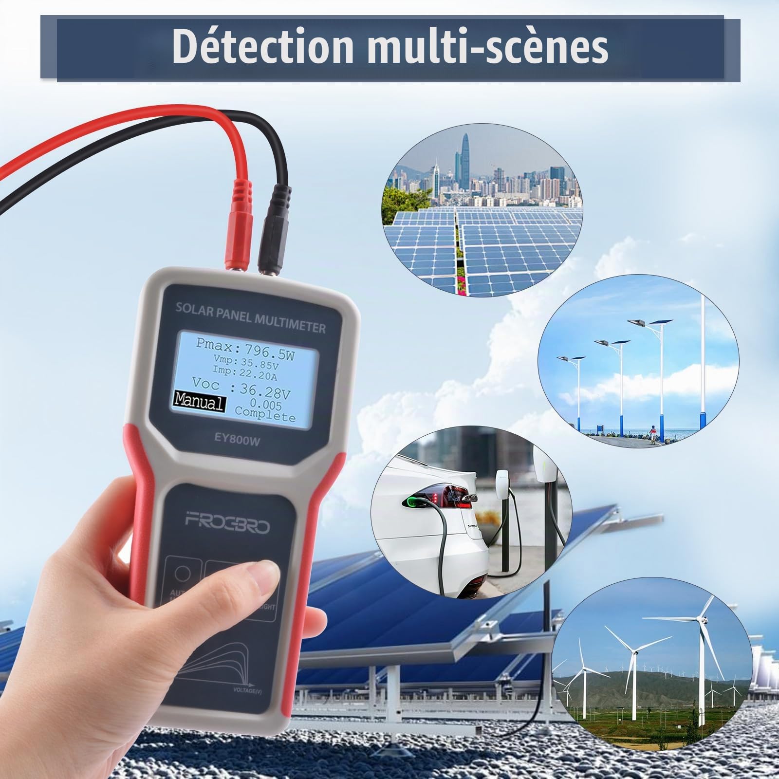 Testeur de Panneaux Solaires FB673PV, Multimètre Photovoltaïque 800W, Testeur MPPT Intelligent avec Écran LCD Clair, Outil de Diagnostic pour Tension en Circuit Ouvert (EY800W)