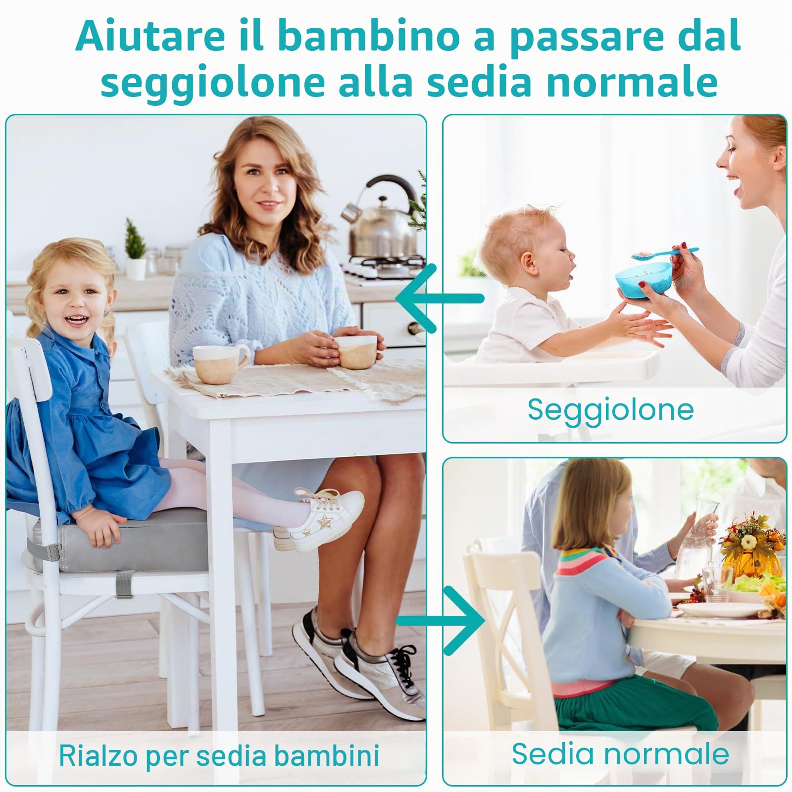 Rialzo Sedia Bambini Flessibile Lavabile Rimovibile Portatile PU Rialzo Sedia Bambini da Tavolo 2 Regolabile Cinghiette Antiscivolo Alzasedia Portatile per Usare Casa Viaggio(Grig)