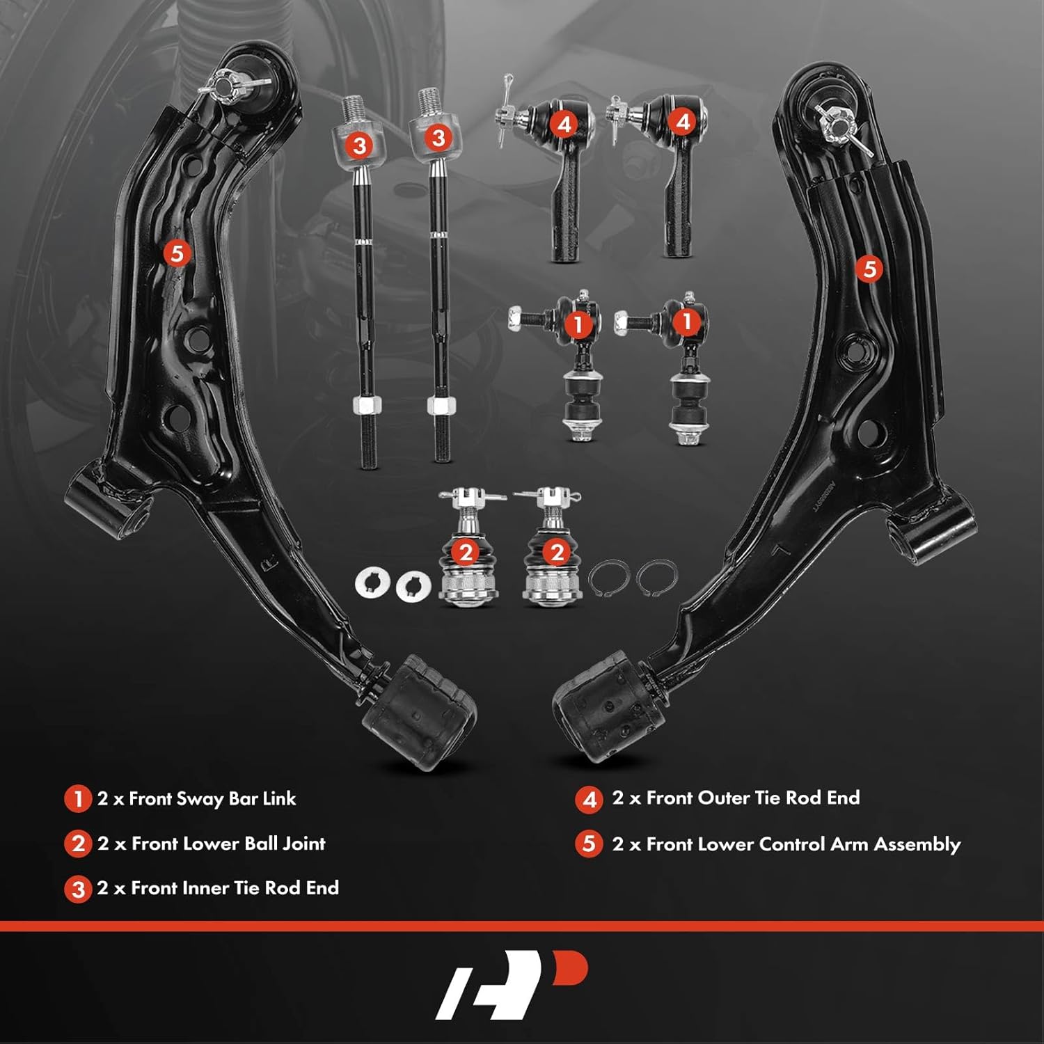A-Premium Set of 10, Front Lower Control Arm, Sway Bar Link, Lower Ball Joint, Inner & Outer Tie Rod End, Compatible with Nissan Sentra 1991 1992 1993 1994, with Power Rack Gear Box Steering