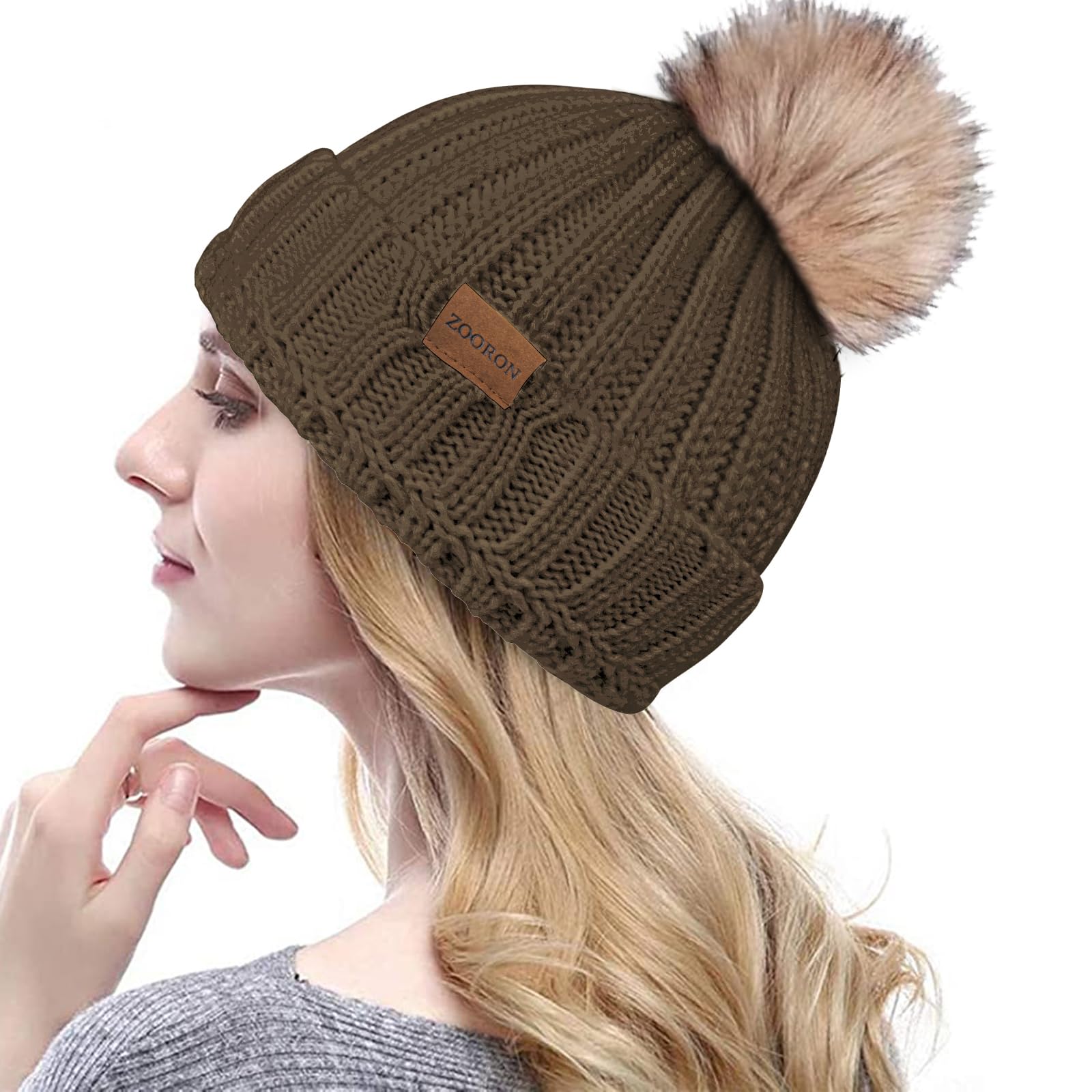 ZOORON Beanies for Womens Winter Knitted Beanies Hats with Faux Fur Pom Warm Knit Skull Cap