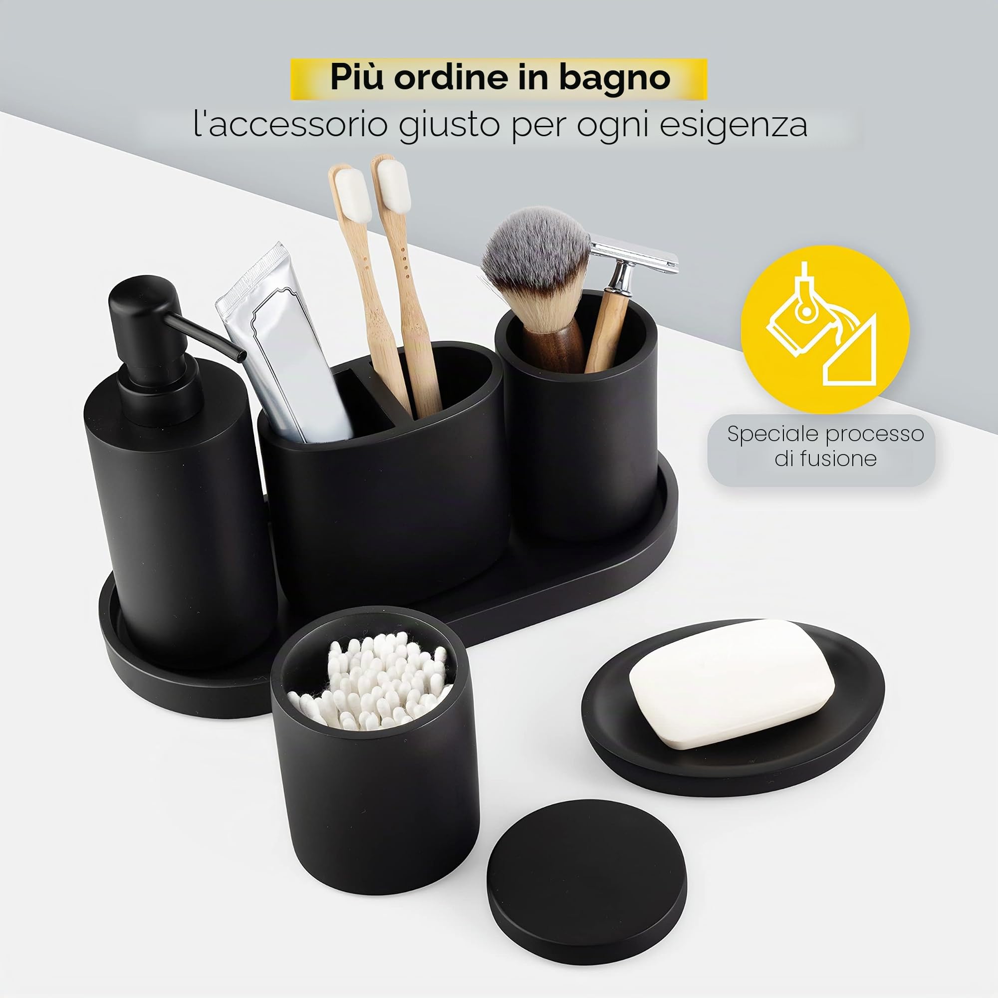 Set di accessori da bagno di alta qualità, 6 pezzi, nero opaco, come organizer per il bagno e decorazione, dispenser per sapone, contenitore per riporre i bicchieri, accessori da bagno