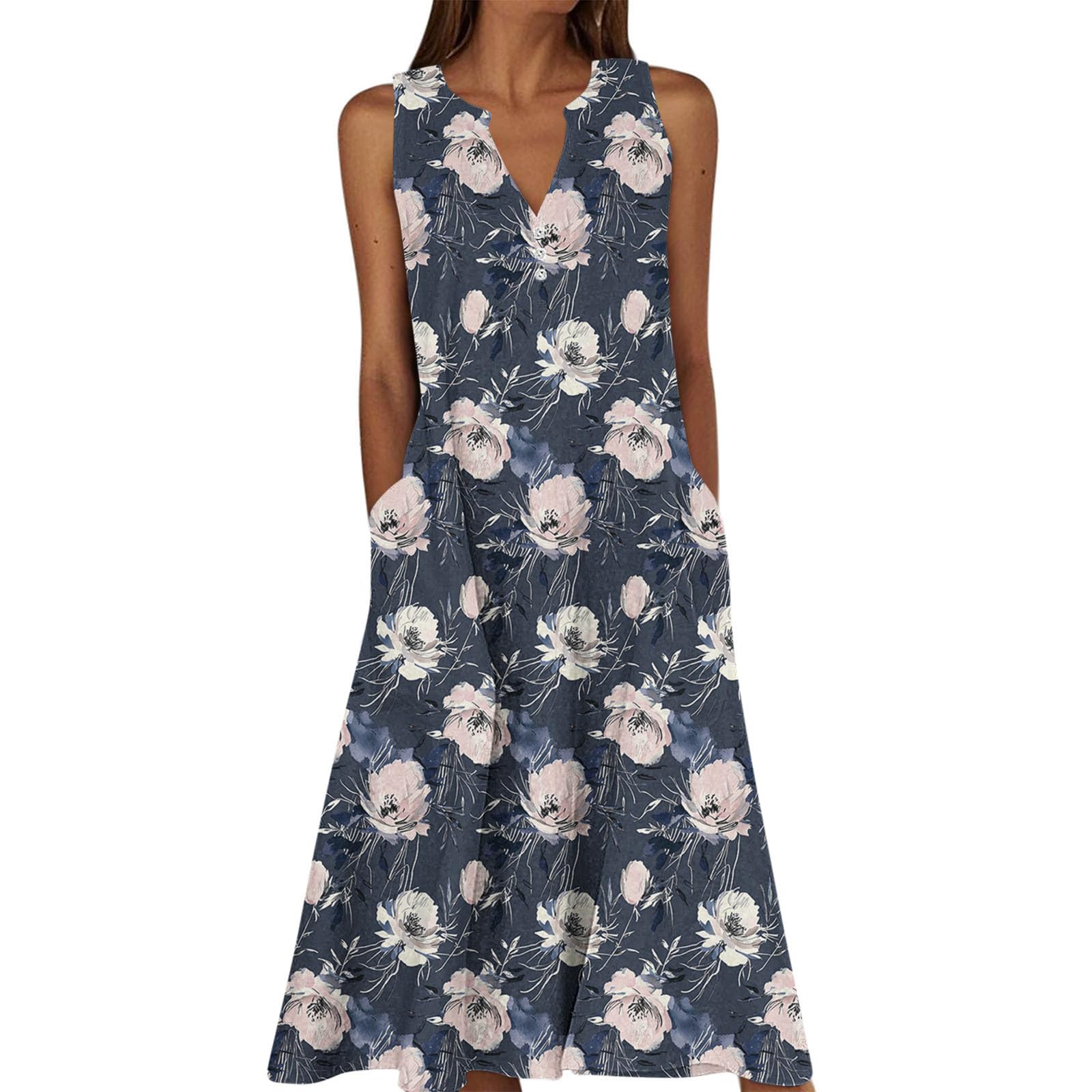 Summer Floral Print Midi Dresses for Women Boho Sleeveless V Neck Tank Dress Beach Vacation Sundress with Pockets — view 8
