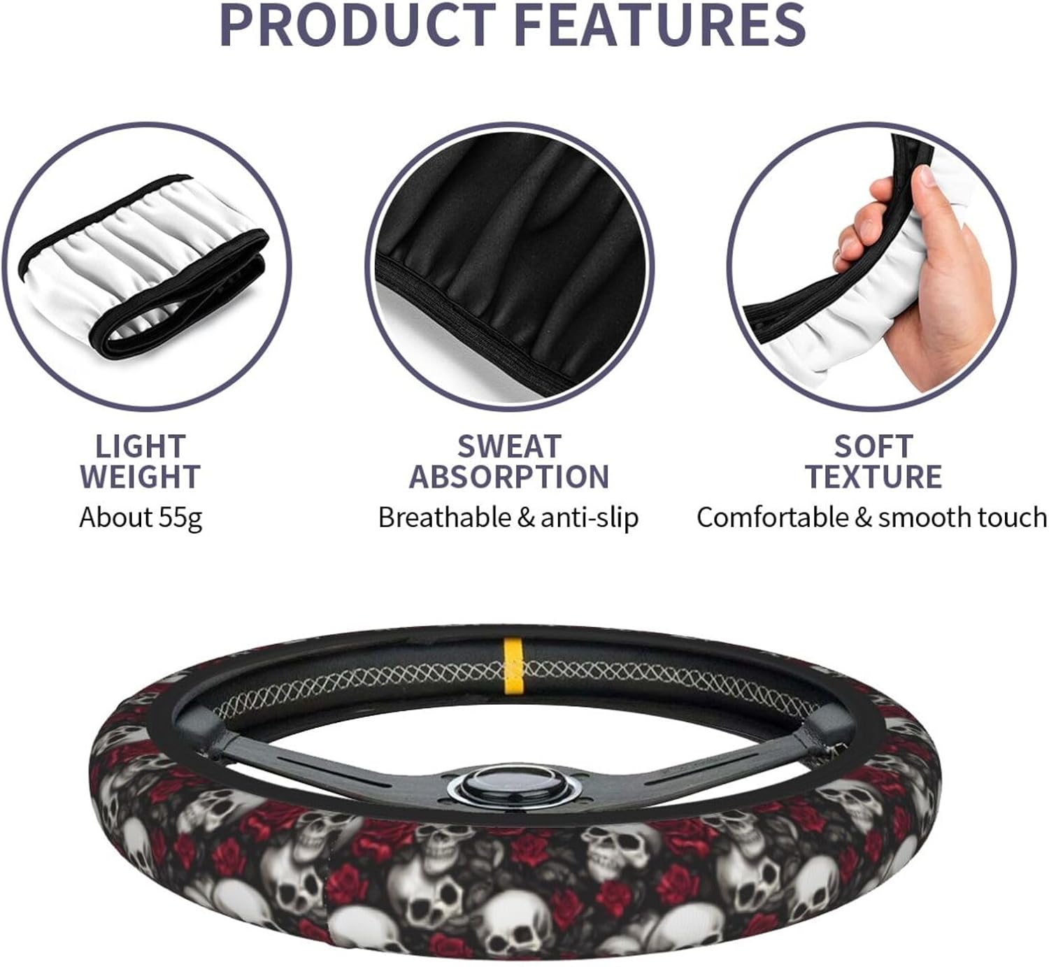 Skull Rose Steering Wheel Cover with 2 Car Coasters Non Slip Neoprene for Women Men Universal 15 Inch - Image 7