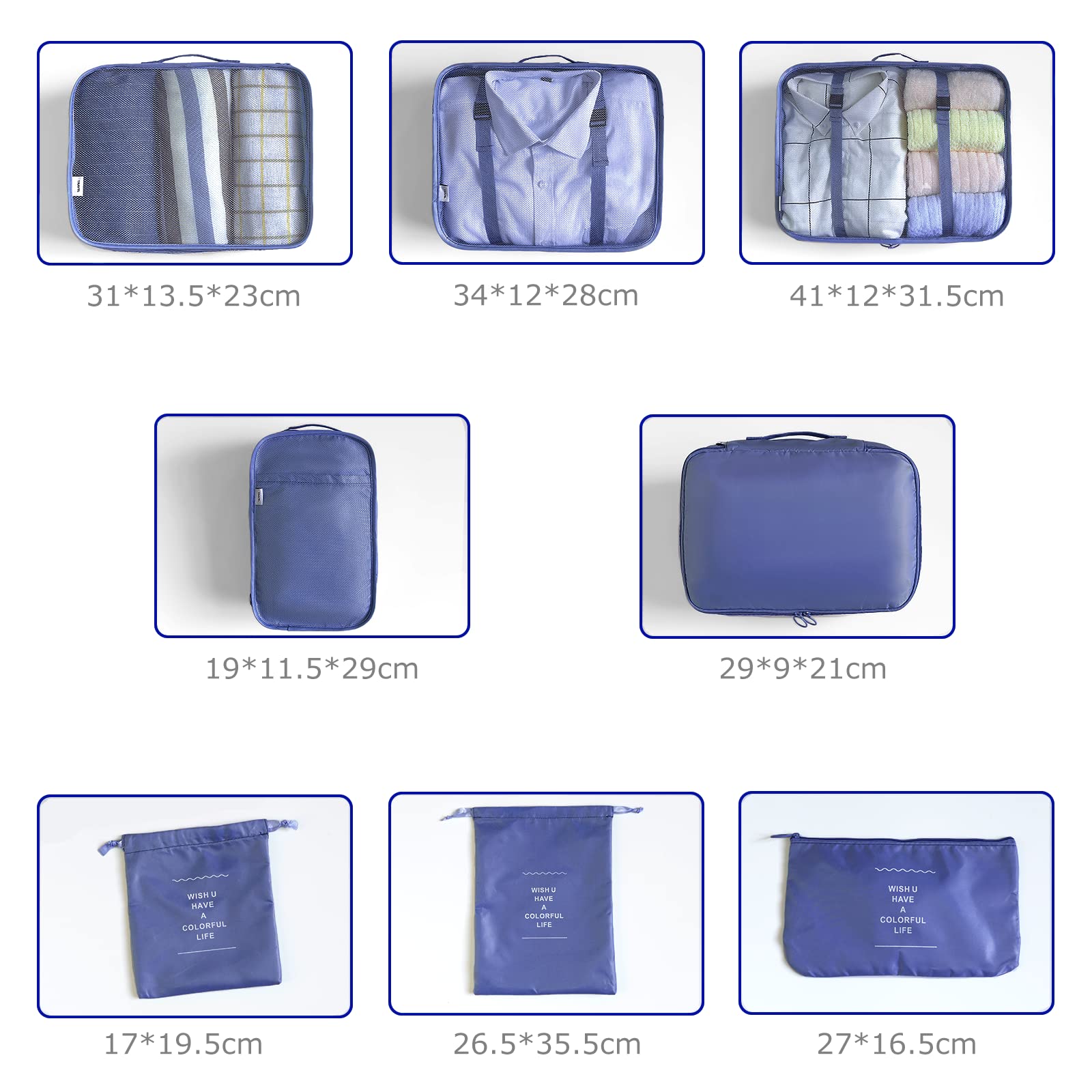 Organizer Valigia Set di 8 BillyBath Organizer valigia viaggio Cubi di Imballaggio lavanderia sacchetto dei Compressione Sacchetti organizer bag per i vestiti,Cosmetici,scarpe,Intimo, Blu (031)