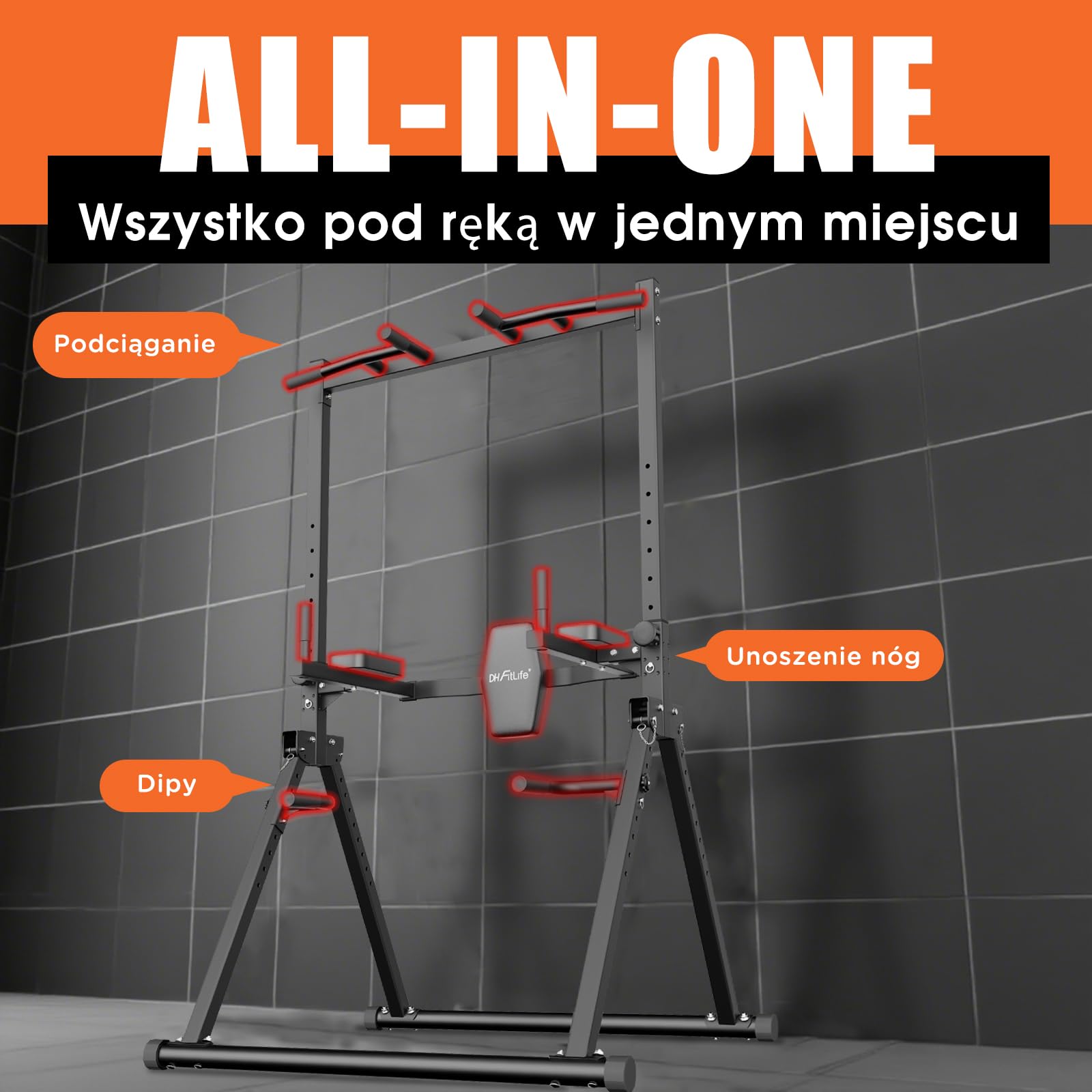DH FitLife Składana Power Tower Dip Station do 210 kg | Wolnostojący Drążek do Podciągania z Poręczami do Dipów i Trenerem Pleców | Stacja Treningowa | Wieża Siłowa | Stacja Fitness do Domowej Siłowni