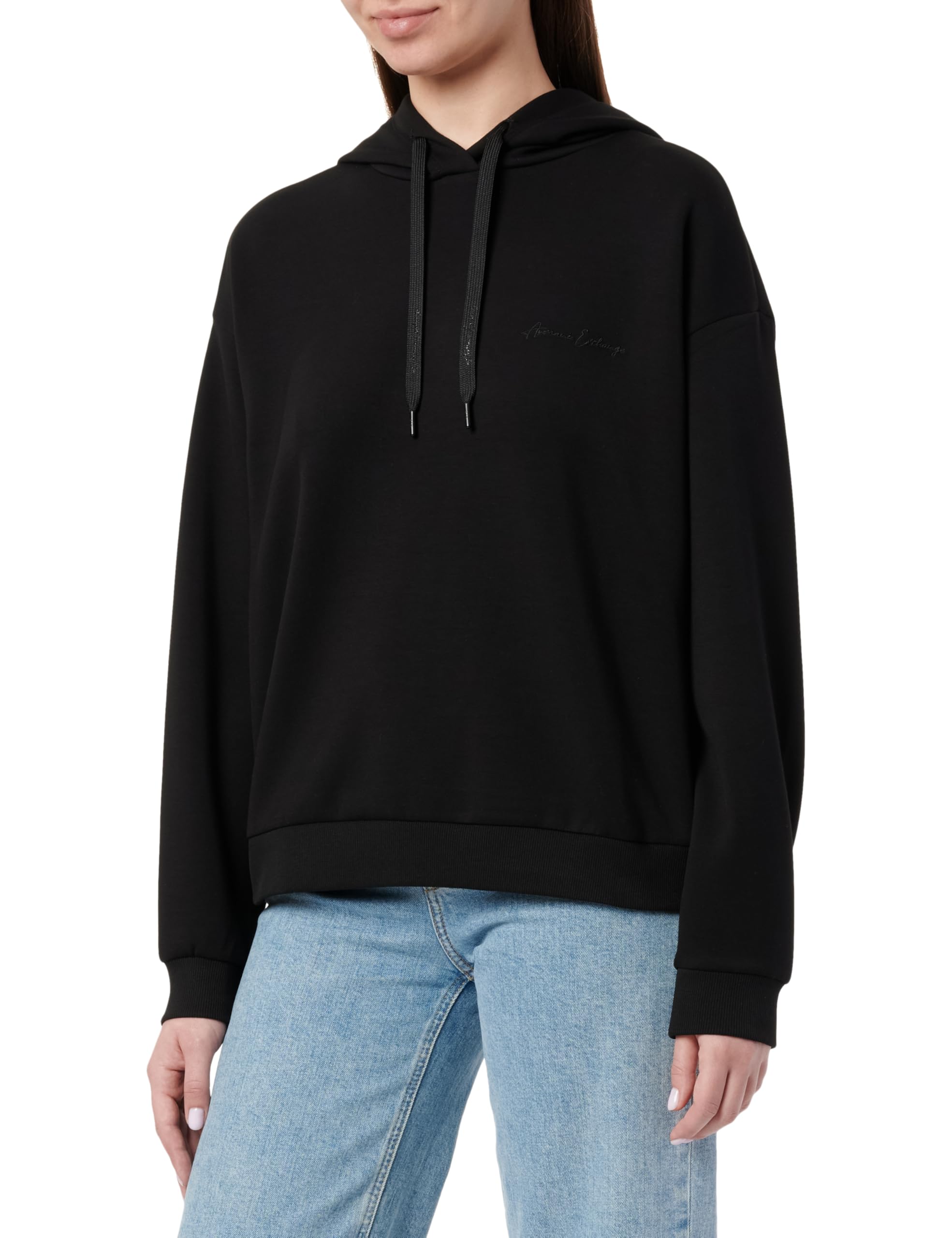 Armani Exchange Women's Essential, Embroidered Logo Signature, Hooded Hooded Sweatshirt, Black, XL, black, XL