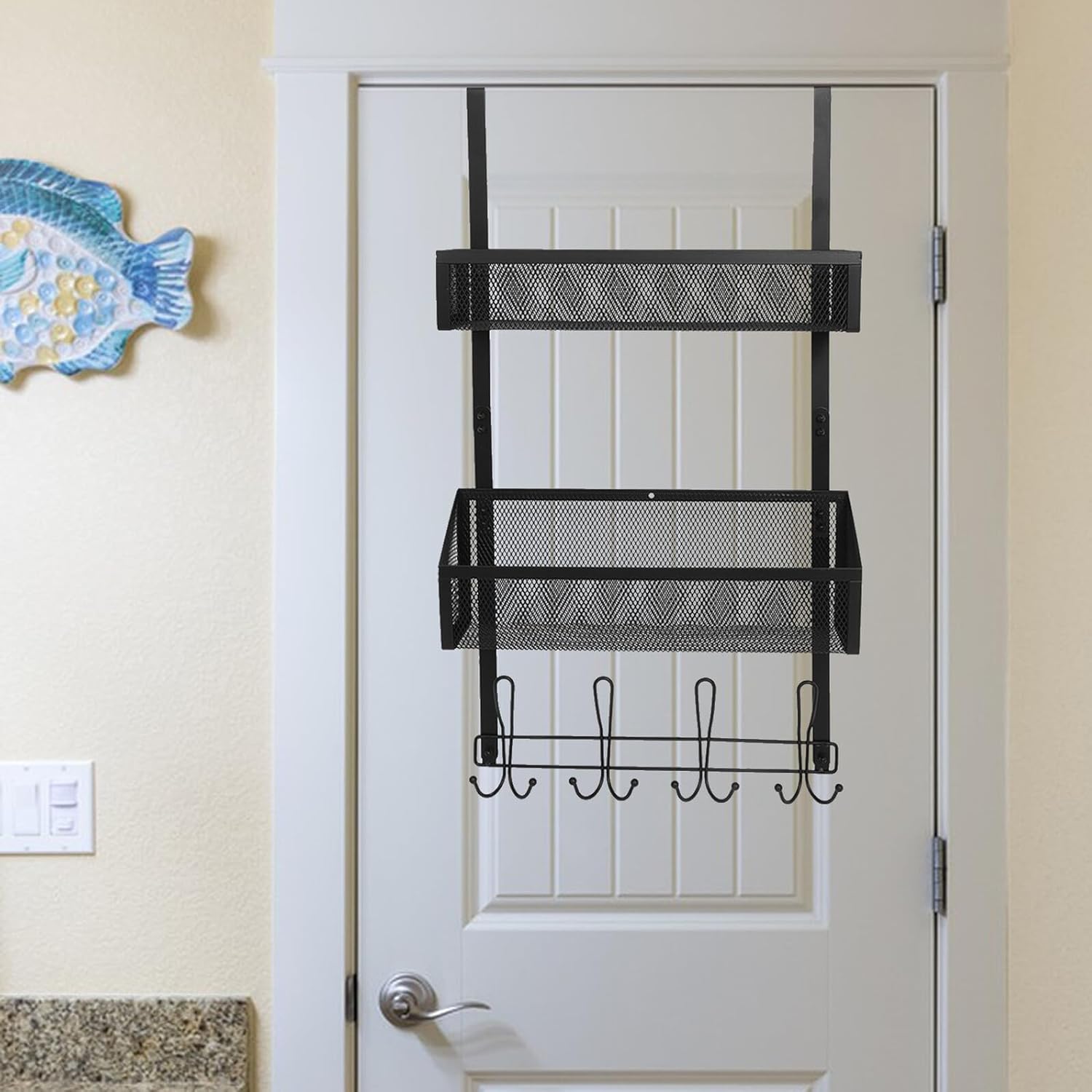 Door Mesh Hanging Basket Organizer Steel Double-layer Door Rack Hanger for Bathroom Bedroom Storage Shelves with Hooks Black Utility Rack