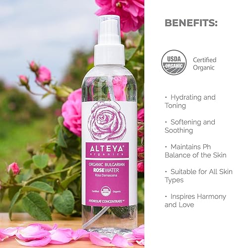 Miniatura 7 de Alteya Organics Tónico facial orgánico con certificación de agua de rosas USDA, 8.5 onzas líquidas  8.5fl oz, agua de flor pura búlgara rosa