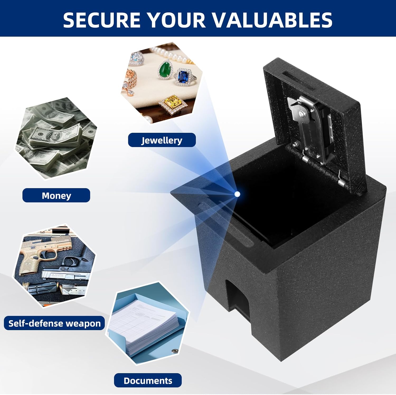 Center Console Safe Vault, Console Safe Lock Box Compatible with 2016–2023 Toyota Tacoma, Fingerprint Access with 2 Backup Keys