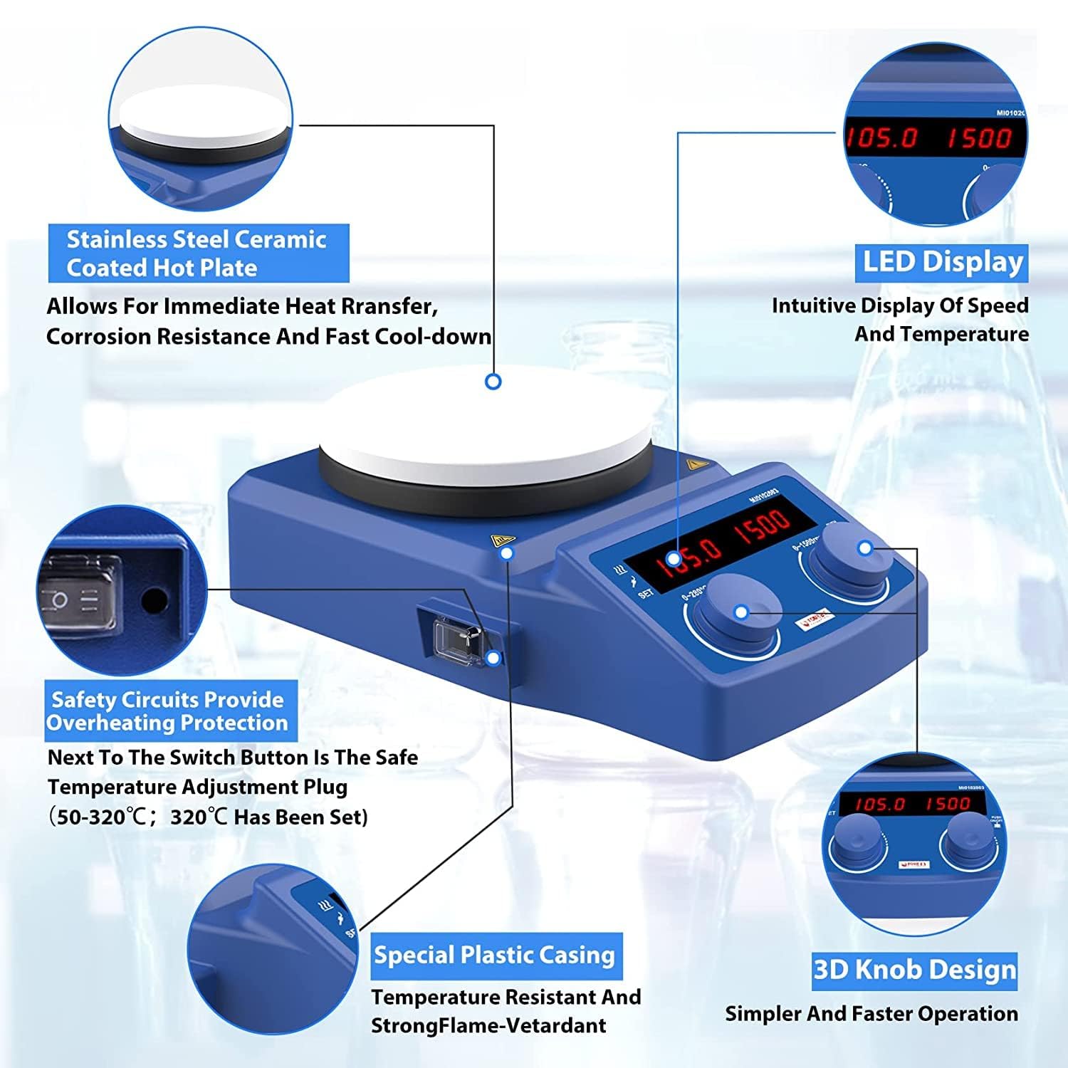 FOUR E'S SCIENTIFIC Agitatore magnetico con piastra riscaldante da 5 l, con display a LED, 100-1500 giri/min, 280 °C/536 F, con sensore PT1000 Temp (supporto non incluso)