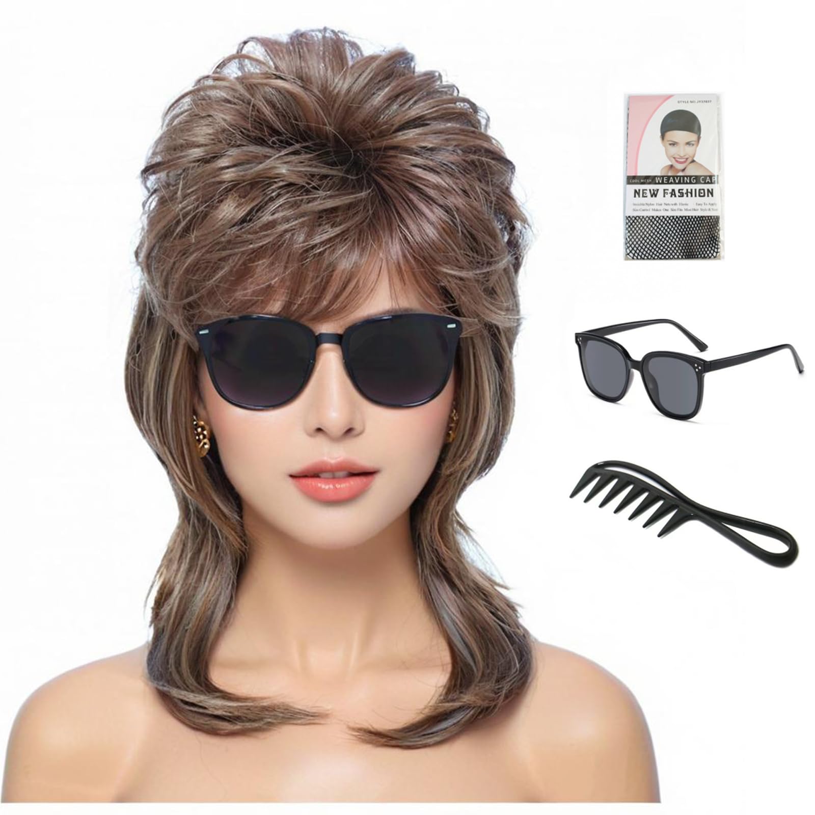 ByouByou 80s Mullet Wig for Women Fluffy and Layered Hairpiece for Perfect for Costume Parties and Cosplay (Light Brown)
