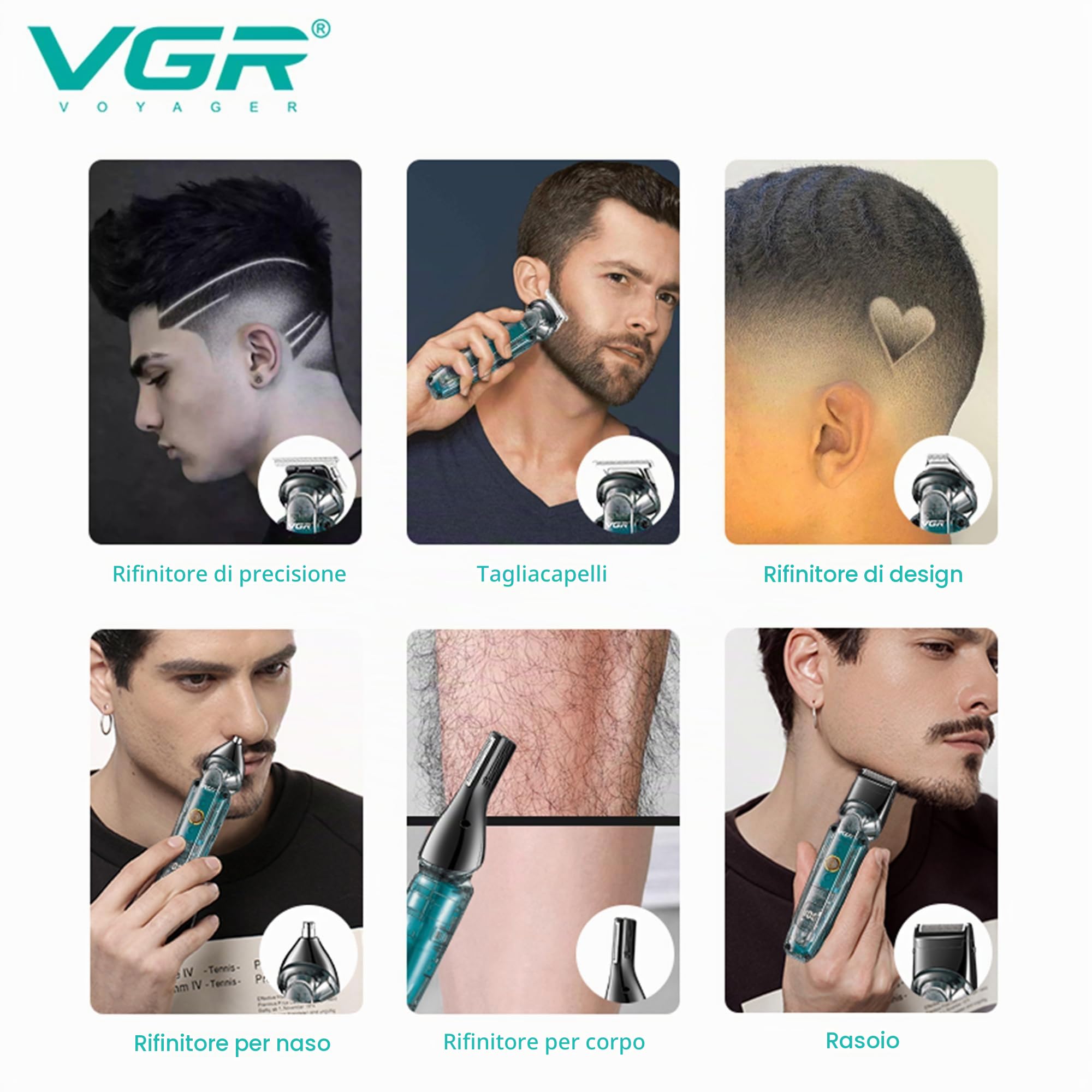 VGR Rasoio elettrico da uomo ricaricabile tramite USB-C All in One Grooming 180 Min Battery IPX6 Waterproof Cordless Hair Clippers – Rasoio elettrico maschio per viso, orecchio, naso, testa, corpo