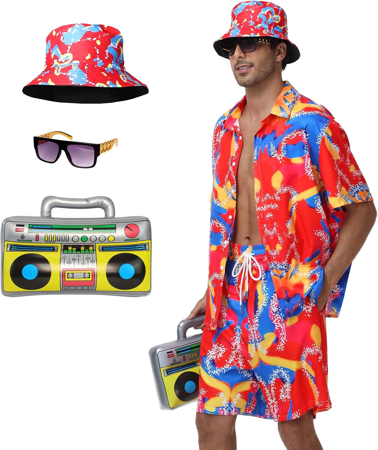 80s 90s Oufit for Men - 80s Themed Party Costume, Retro Hip-Hop Party Hawaiian Shirts and Short Set