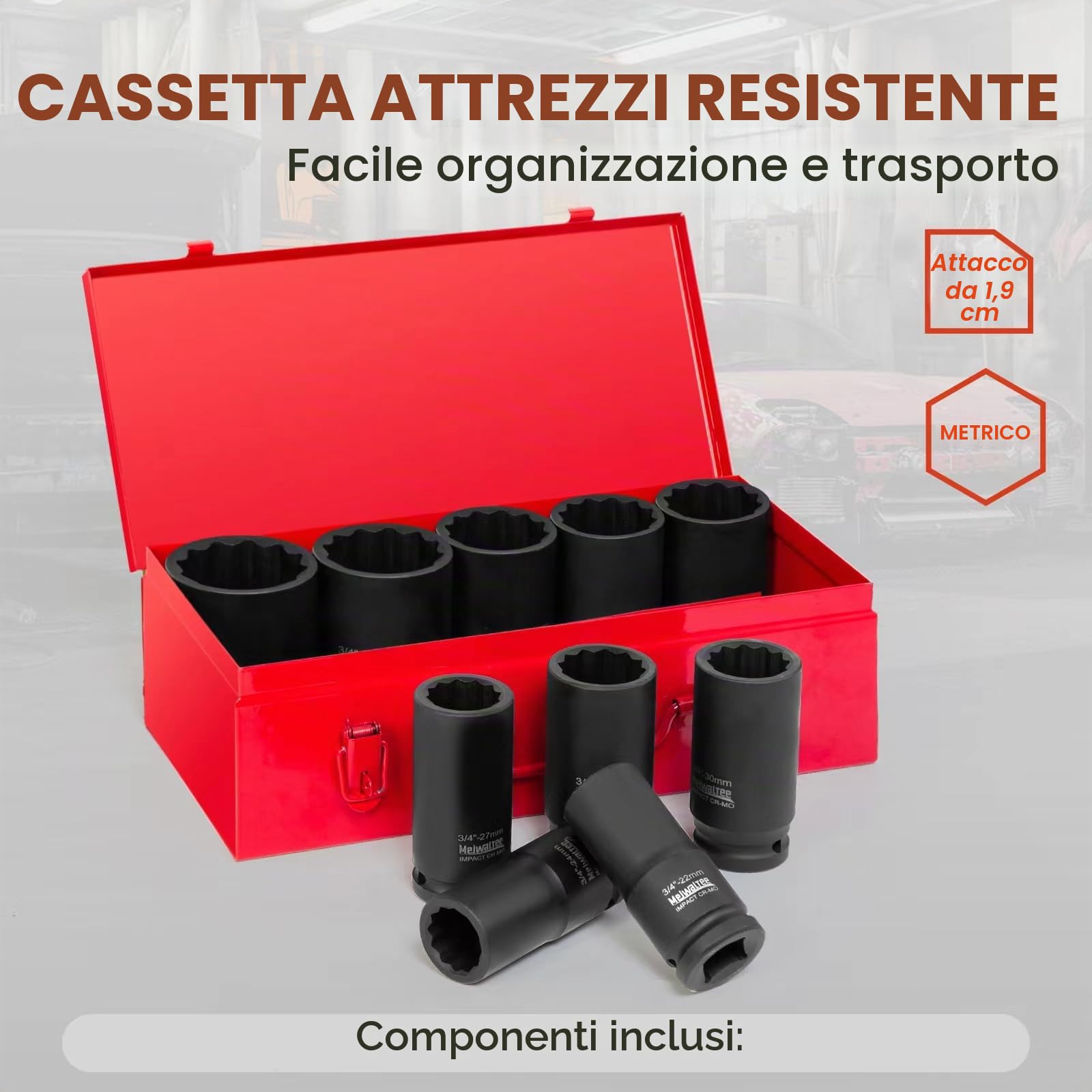 3/4" Set di Bussole a Impatto | 90MM Profondo | Assortimento Jumbo da 10 pezzi Dado a impatto profondo Misure metriche 22-50 mm | Design a 12 punte | Custodia in metallo | Acciaio Cr-Mo