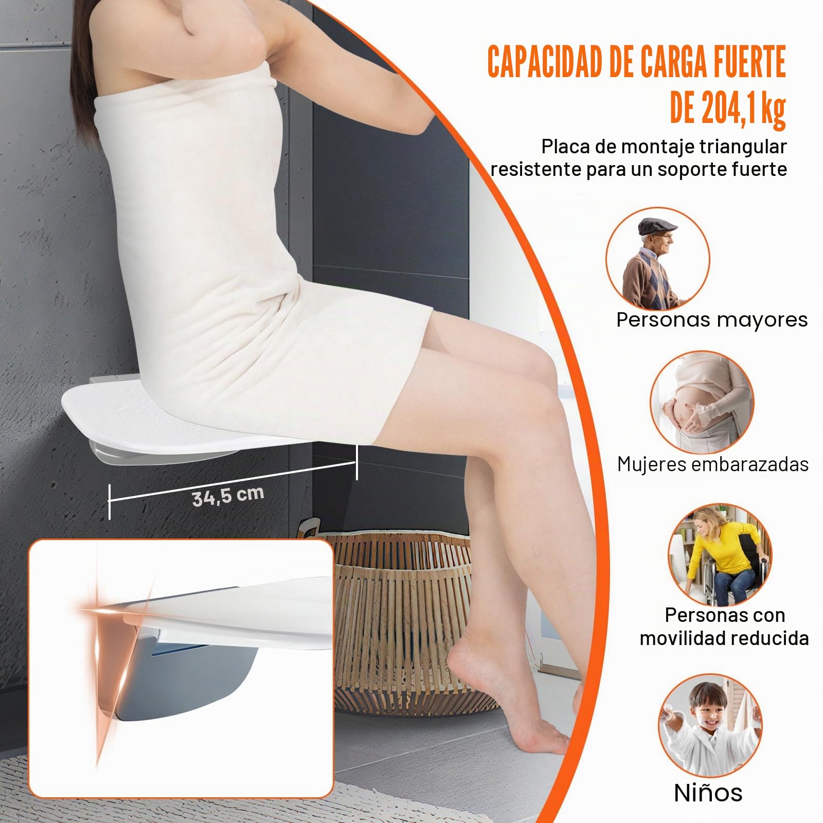 VEVOR Asiento de Ducha Plegable de Urea-formaldehído, 345 x 325 mm Desplegado, Montado en la Pared con Capacidad de Carga de 204 kg, Que Ahorra Espacio para Personas Mayores, Niños y Adultos, Blanco