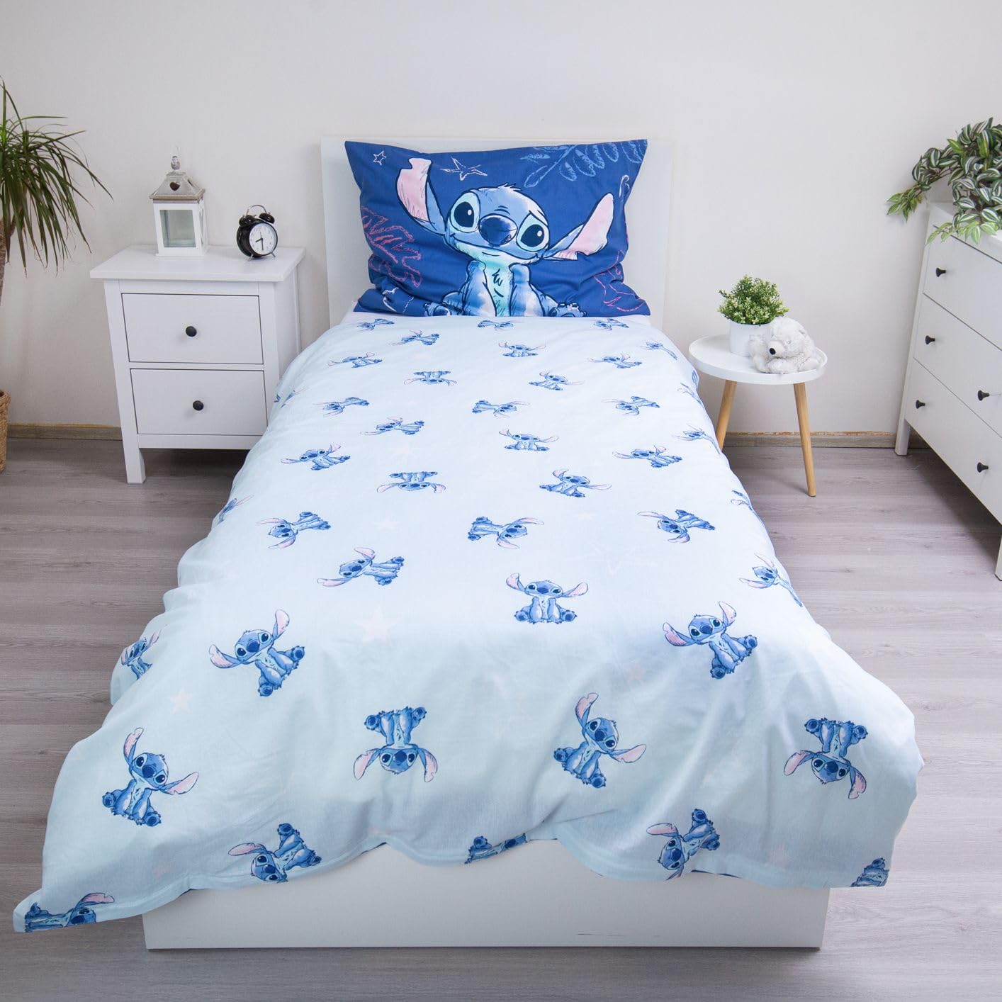 Stitch Aloha Pościel 140x200 + Poszewka Bawełna Niebieska Dziewczynki | Odwracalna pościel jednoosobowa | Bawełna naturalna oddychająca Oeko-Tex | Lilo & Stitch | Nastolatki | Do prania w pralce