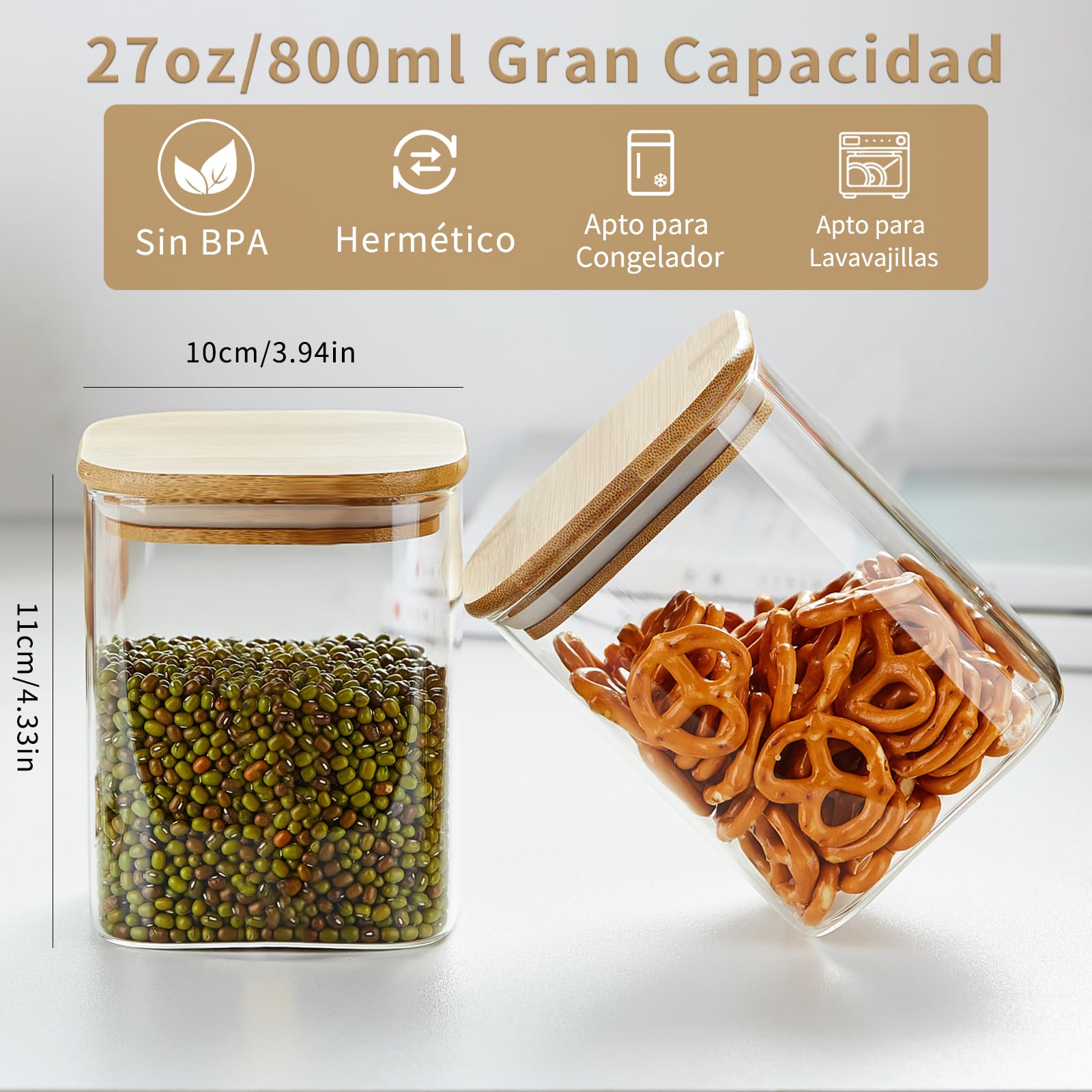 MESNEY Paquete de 6 tarros de vidrio para almacenamiento de alimentos de 1600 ml con tapas de bambú, recipientes herméticos y apilables para cocina y despensa, tarros de vidrio transparente ecológicos