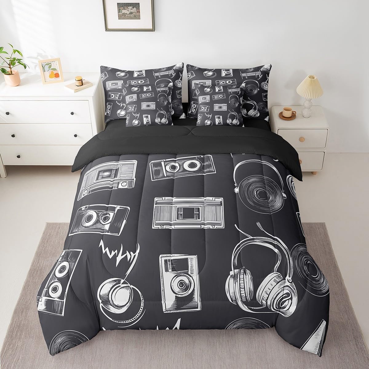 Erosebridal Music Themed 7 Piece Comforter Set Full Bed in a Bag,Headphones Headset Record Bedding Sets Sound Box Sheet Set with Comforter,Cd Loudspeaker Bed Set