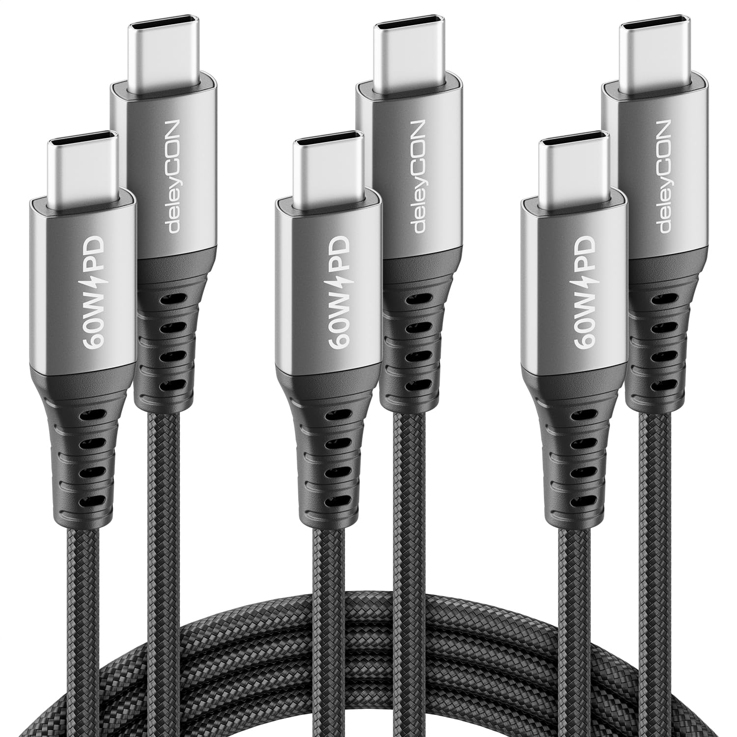 deleyCON 3x Cavi USB C (0,5m 1m 2m) PD 3.0 PPS (Cavo di Ricarica Rapida 60W) Cavo USB-C a USB-C per iPhone 17 16 15 Pro Max Air Galaxy S25 S24 S23 Pixel iPad Pro MacBook Air Pods Tablet Switch PS5