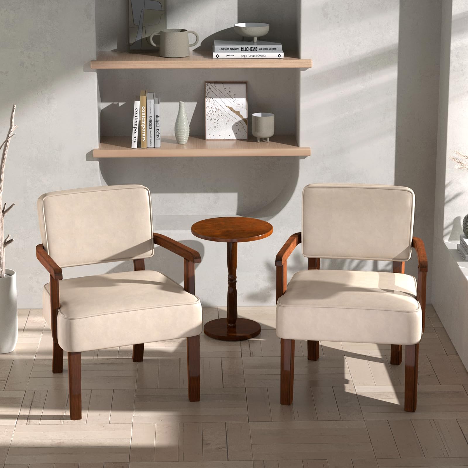 EOSVALO Sessel 2 Set Wohnzimmer,Loungesessel mit Armlehnen aus Massivholz, Bequemer Wohnzimmersessel aus Kunstleder, Gepolsterter Loungesessel für Esszimmer Arbeitszimmer Gästezimmer