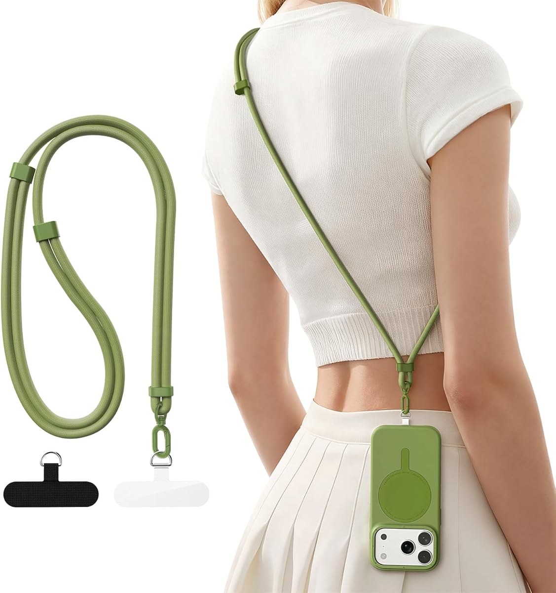 Phone Lanyard Crossbody with 2 TPU Phone Tabs, Adjustable Anti Theft Phone Strap Crossbody, Premium Metal Buckles, Skin-Friendly, Universal Cell Phone Neck lanyard for iPhone 17 Pro Max, Green