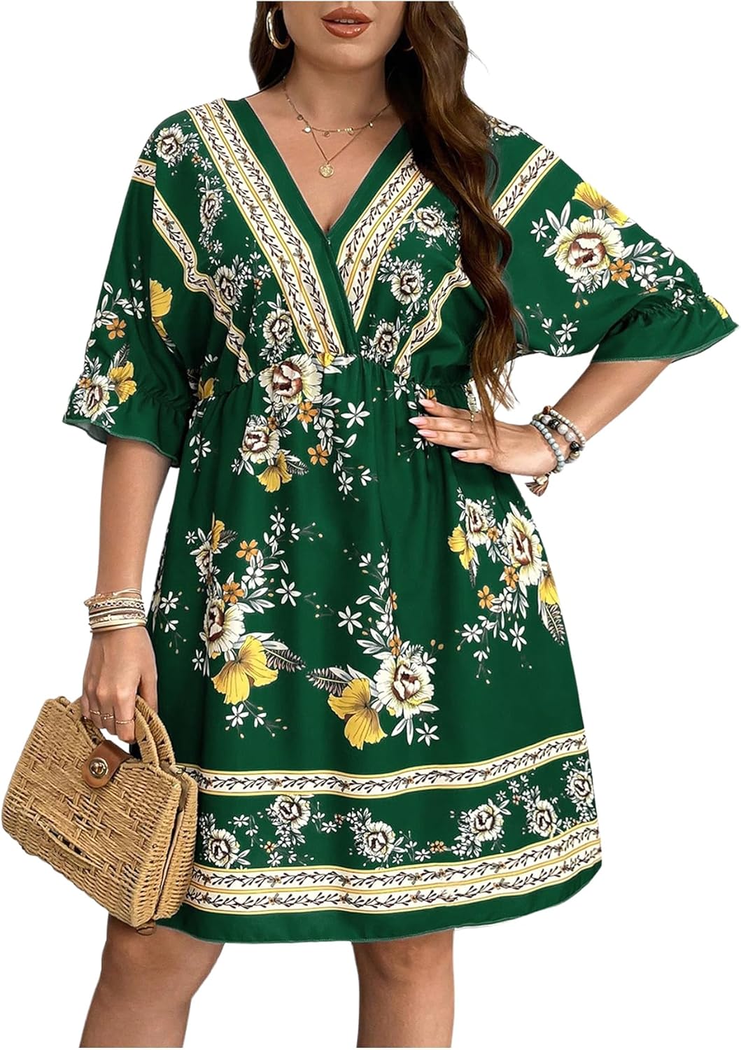 OYOANGLE Women's Plus Size Boho Floral Print High Waist V Neck Flared A Line Short Dress