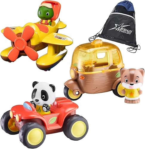 Fat Brain Toys Paquete de vehículos de juguete Timber Tots hidroavión, automóvil lateral y cuatrimoto con bolsa exclusiva con cordón Myriads