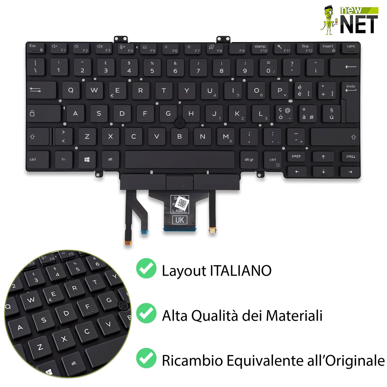 new net - Tastiera compatibile con Dell Latitude 5400, 5401, 5410, 5411 [Senza frame - colore tasti Nero - Trackpoint - Retroilluminata - Layout ITA]