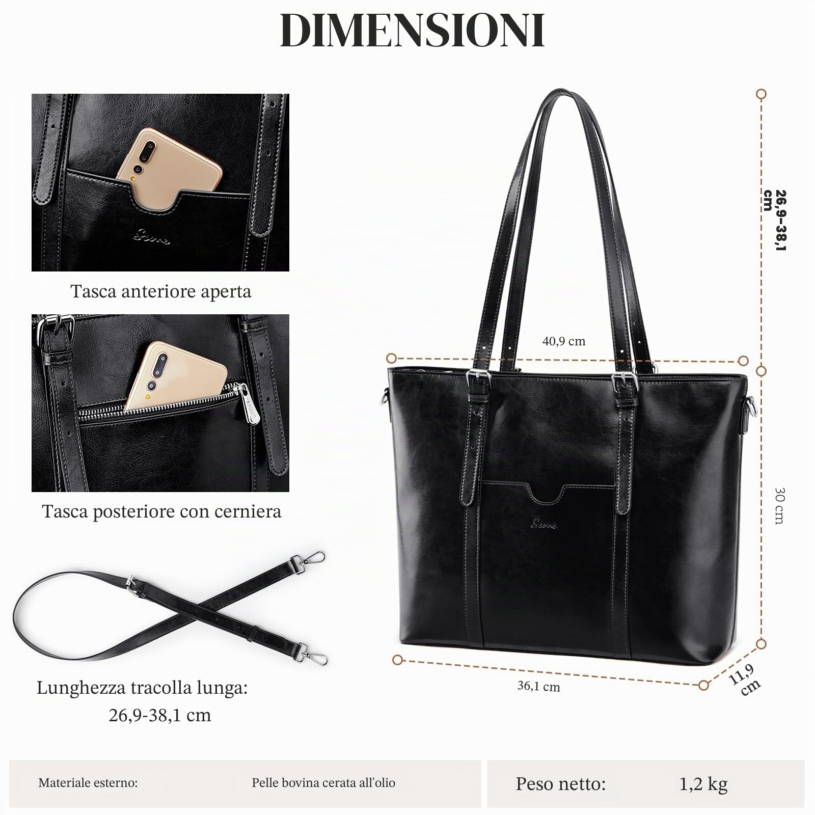 S-ZONE Borsa Tote per Laptop in Vera Pelle da Donna Borse a Tracolla per Ufficio Valigetta Borsa da Lavoro per Computer da 15,6 Pollici