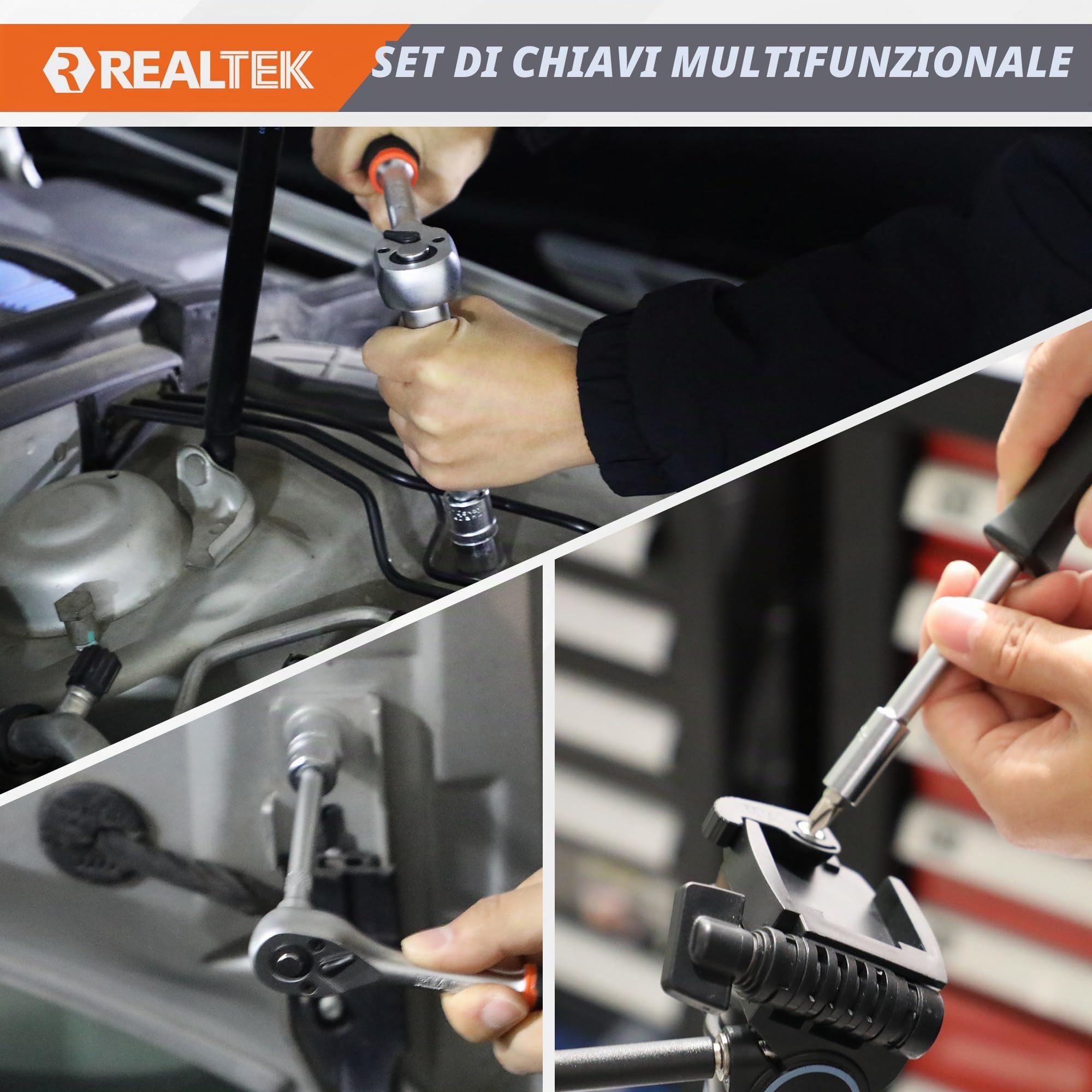 REALTEK Set Chiavi a Bussola, Chiavi a Cricchetto 1/4''+3/8"+1/2'' 172 Pezzi, 72 denti, Cr-V, Adatto per Lavori su Biciclette e Automobili le riparazioni