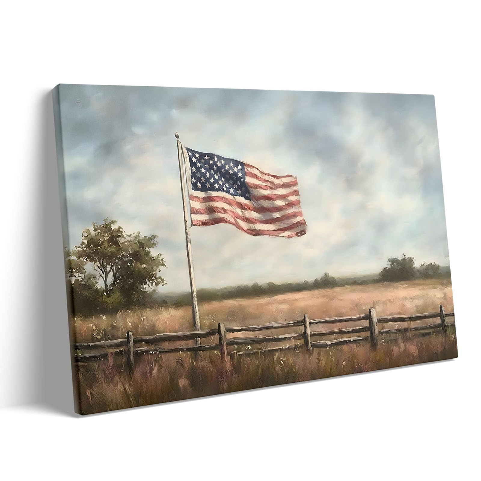 Memorial Day Canvas Wall Art, Rustic American Flag in Countryside Field Poster, Patriotic Landscape Print, Vintage USA Flag Framed Artwork for Veterans and Independence Day Decor 8x10inch