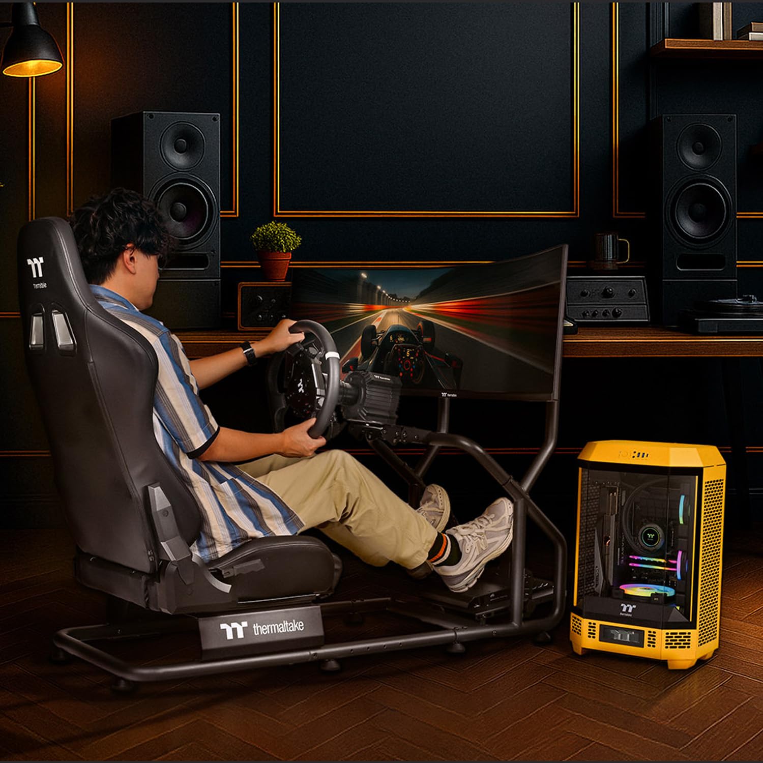 Thermaltake GR300 Racing Simulator Cockpit; Adjustable PVC Seat; Adjustable Pedal & Wheel Mounts; Shifter Mount Included; Compatible with Thrustmaster/Logitech/Thermaltake/Fanatec; GSC-R30-CPASBB-01