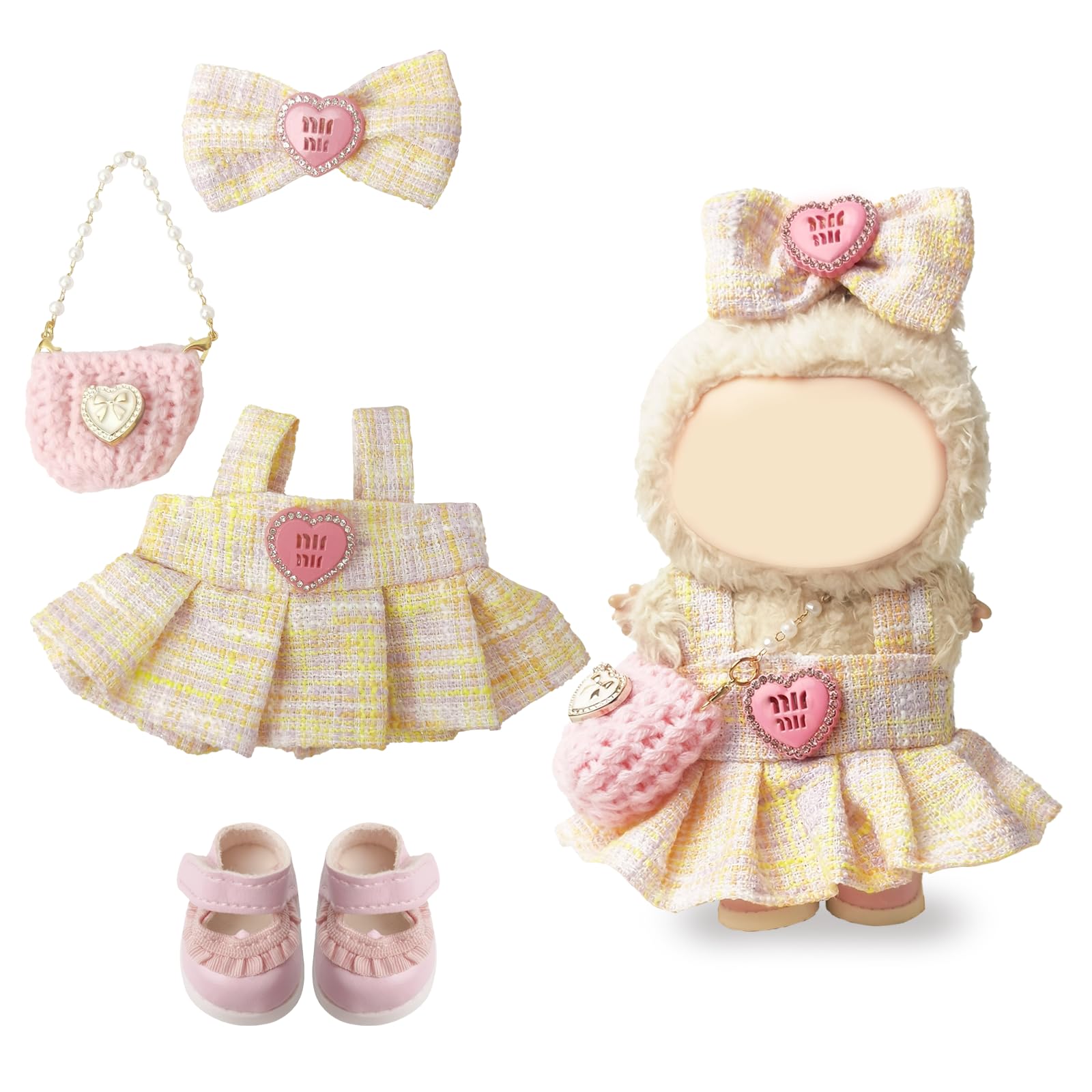 Clothes Compatible with LABUBU – Blue & White Tweed Dress with Bow, Bracelet & Shoes | 4PCS Couture-Inspired Outfit for 8-Inch Dolls (Blush Tweed Belle)
