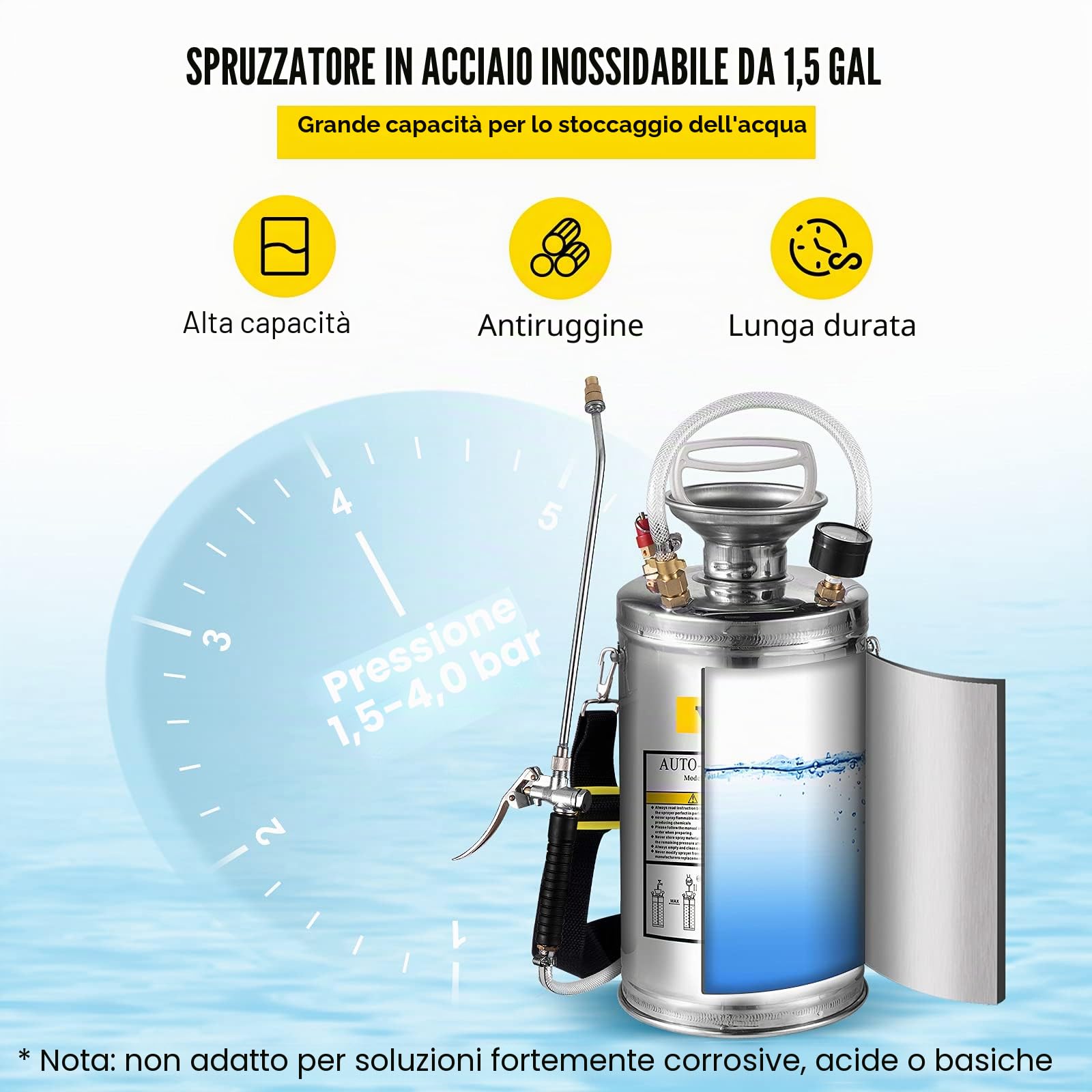 VEVOR Spruzzatore 6L in Acciaio Inossidabile, Spruzzatore Manuale a Pompa, da Giardino Rinforzato a Pressione da 3,3 Pollici, per Giardinaggio Domestico e Pulizia del Terreno
