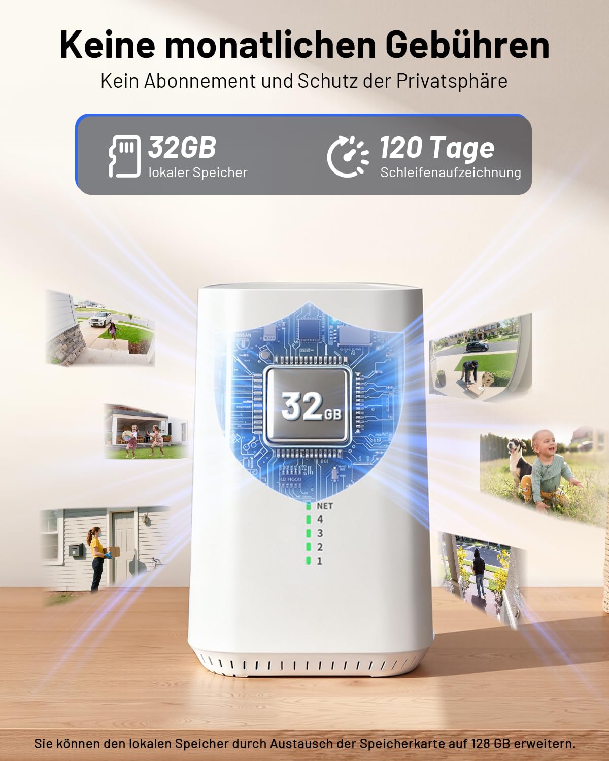 2K Überwachungskamera Aussen Akku Solar, 4-Cam-Kit mit Basisstation, 360° PTZ Kabellos Kamera mit 32G Lokaler Speicher, Keine Gebühren, KI-Erkennung, Farbe Nachtsicht 2 Wege Audio, 5G/2,4G WLAN