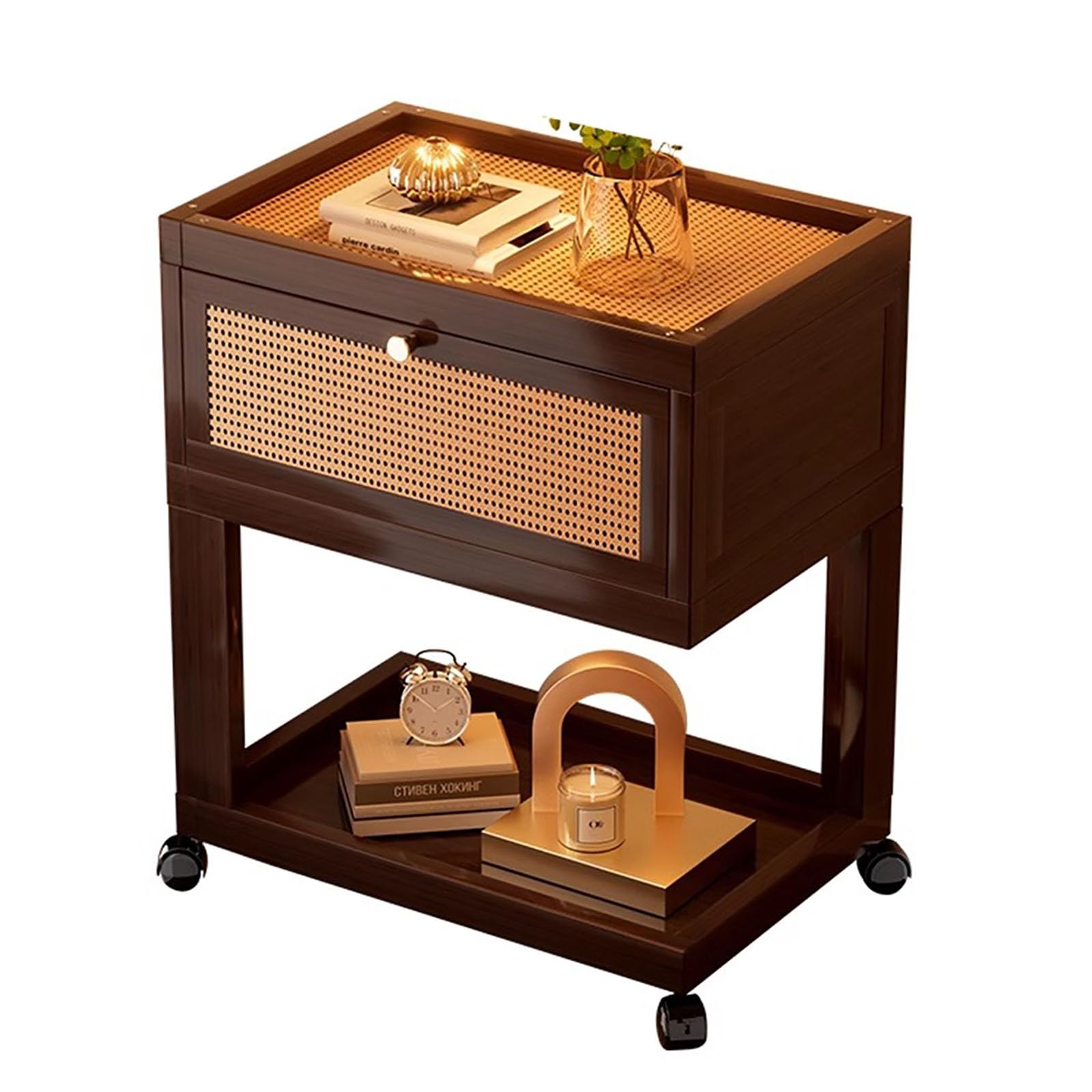 Table de chevet en rotin noyer avec tiroirs et plateau coulissant pour chambre