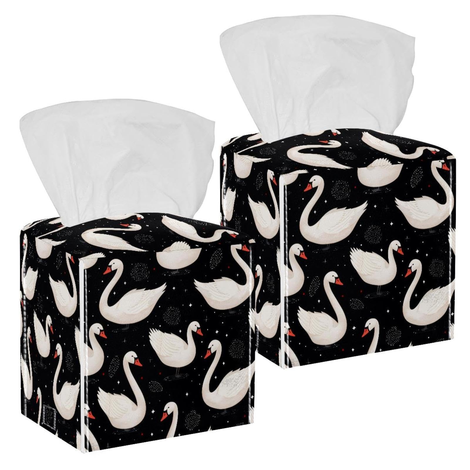 Cute Swans Tissue Box Cover, 2 Pack PU Leather Square Facial Tissue Dispenser Box holder for Home Office Car