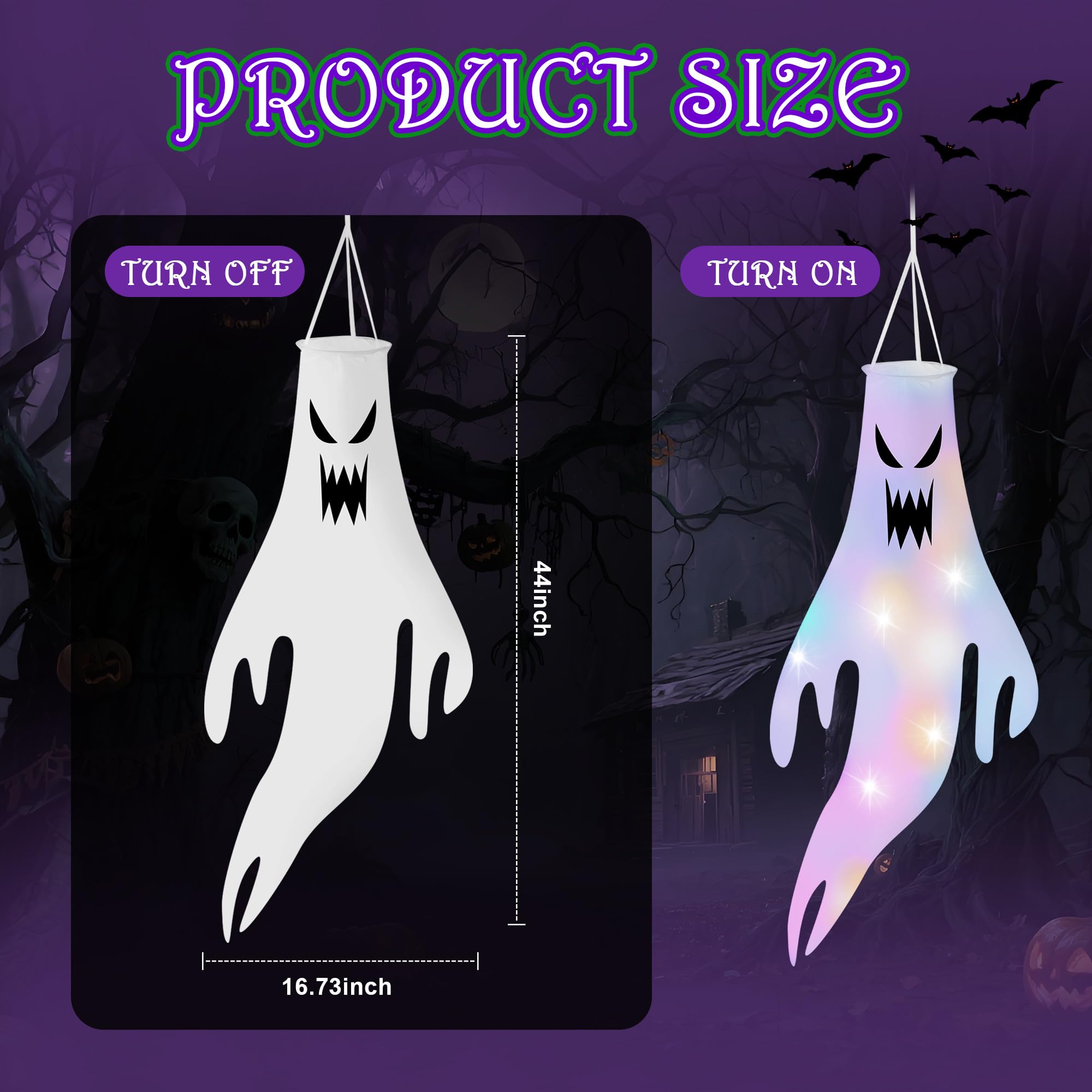 3 Stück Halloween WindsäCke Geist Windsack HäNgen Dekoration Geist Mit Farbig LED Licht Halloween Deko Outdoor,für Terrasse, Innen Außen Garten Horror Mottoparty