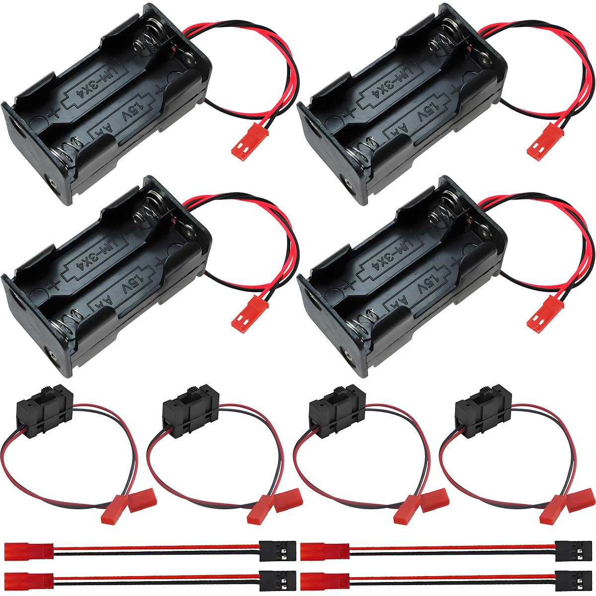 ZHUROUPU 4Pcs 4 Cell 6V AA Battery Container Holder Case Box Pack with JST Plug, 4Pcs 2-Way Power On/Off Switch JST Style Plug Receiver for 1/8 1/10 1/16 RC Car/Crawler/Truck, 4Pcs JR to JST Cable