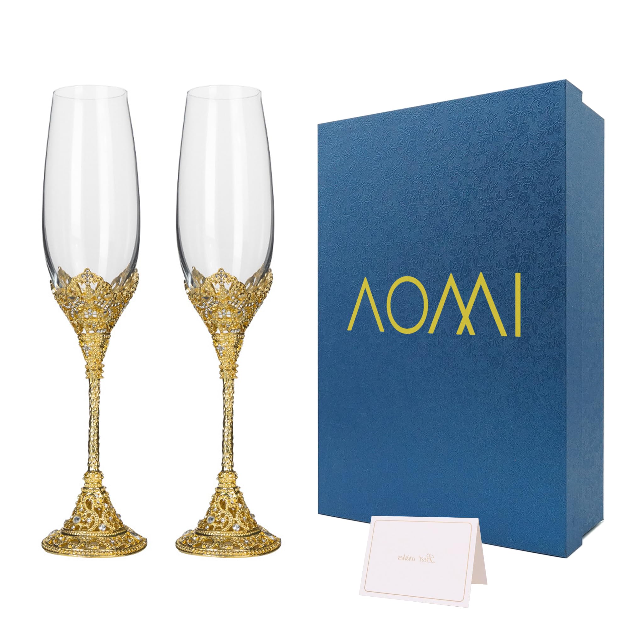 AOMI Copas de champán de boda de cristal de lujo, juego de copas de champán con tachuelas doradas de 7 onzas, elegante par de flauta grabada con caja de regalo, perfecto para bodas, aniversarios y