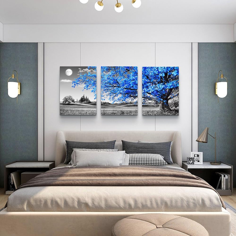 Blue Trees and Moon Landscape Canvas Print Set