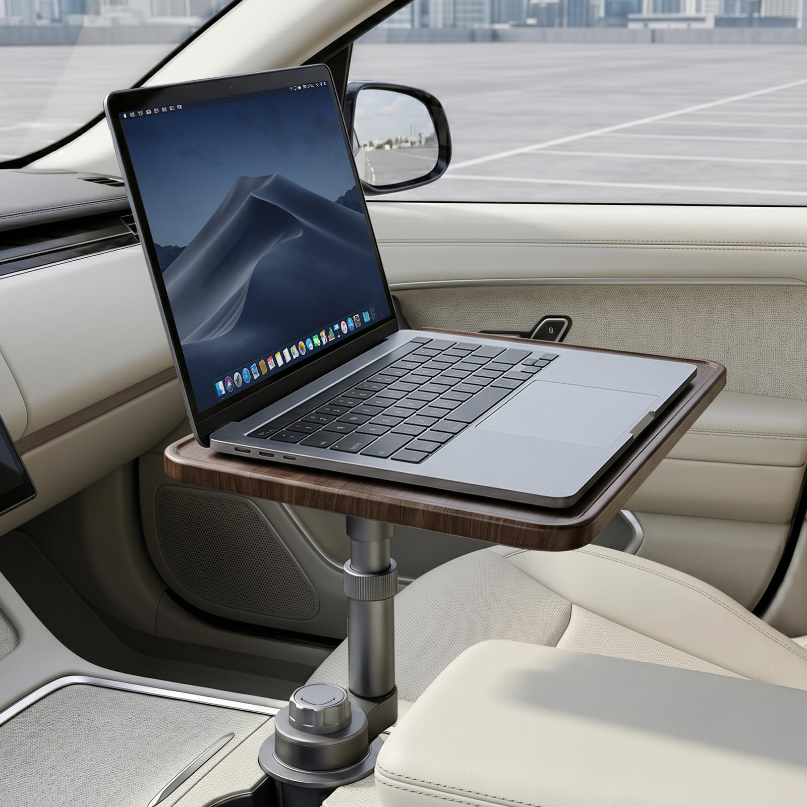 Photo 1 of QENIVO Car Cup Holder Laptop Desk, 360° Rotating Height-Adjustable Car Tray Table with Wooden Surface, Fits Round Cup Holders 2.55–3.93 in, Supports up to 11 lbs