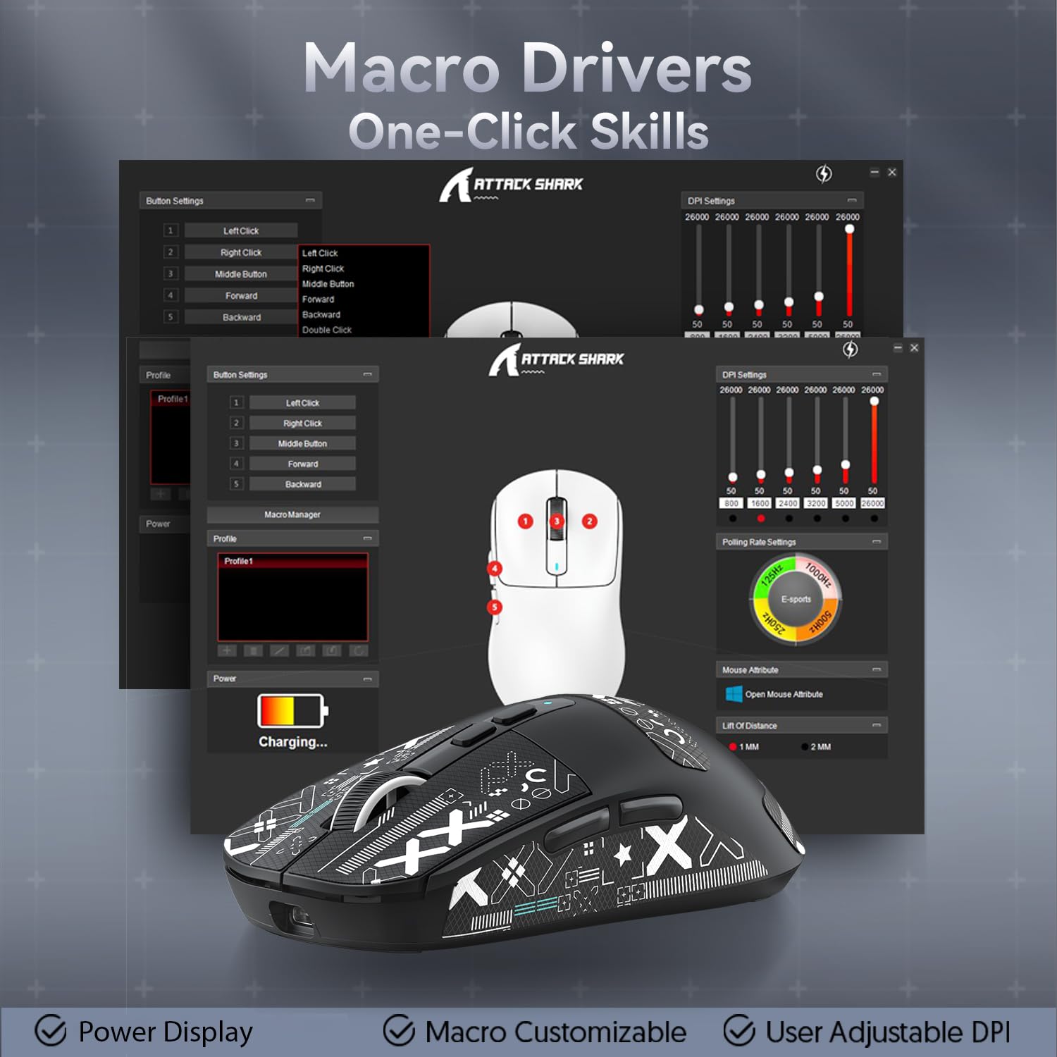 ATTACK SHARK X6 49g SUPERLIGHT Maus mit magnetischer Ladestation, PixArt PAW3395 Gaming-Sensor, BT/2,4G kabellose/kabelgebundene Gaming-Maus mit Band, 26000 DPI, X3 Upgrade-Mäuse für Win11 (Schwarziß)