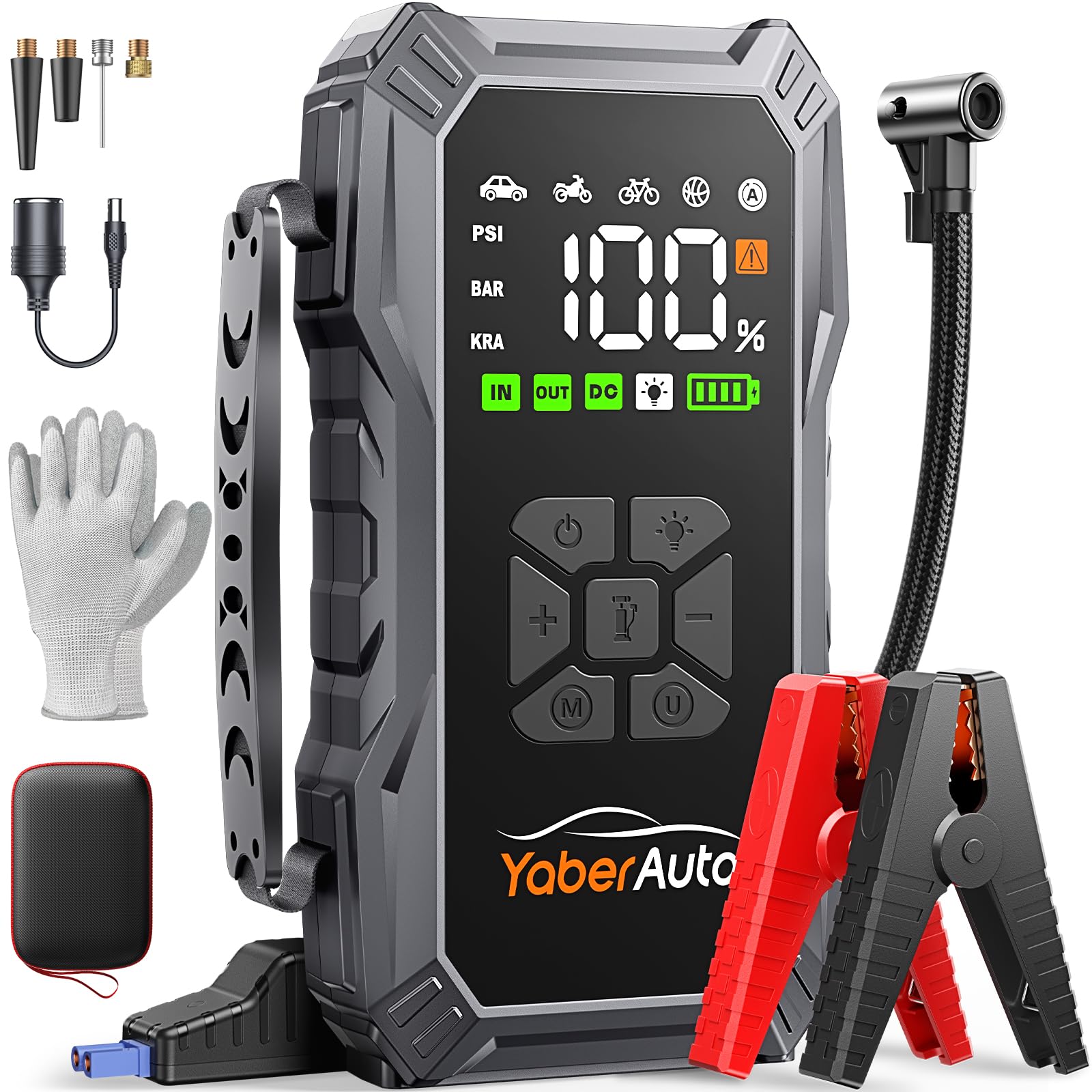 Arrancador de Baterias de Coche con Compresor de Air, 5500A YaberAuto Arrancador de Coche Portatil (Todo Gas/10,0L Diesel) con 150PSI Inflador, Pantalla Grande y Linterna LED