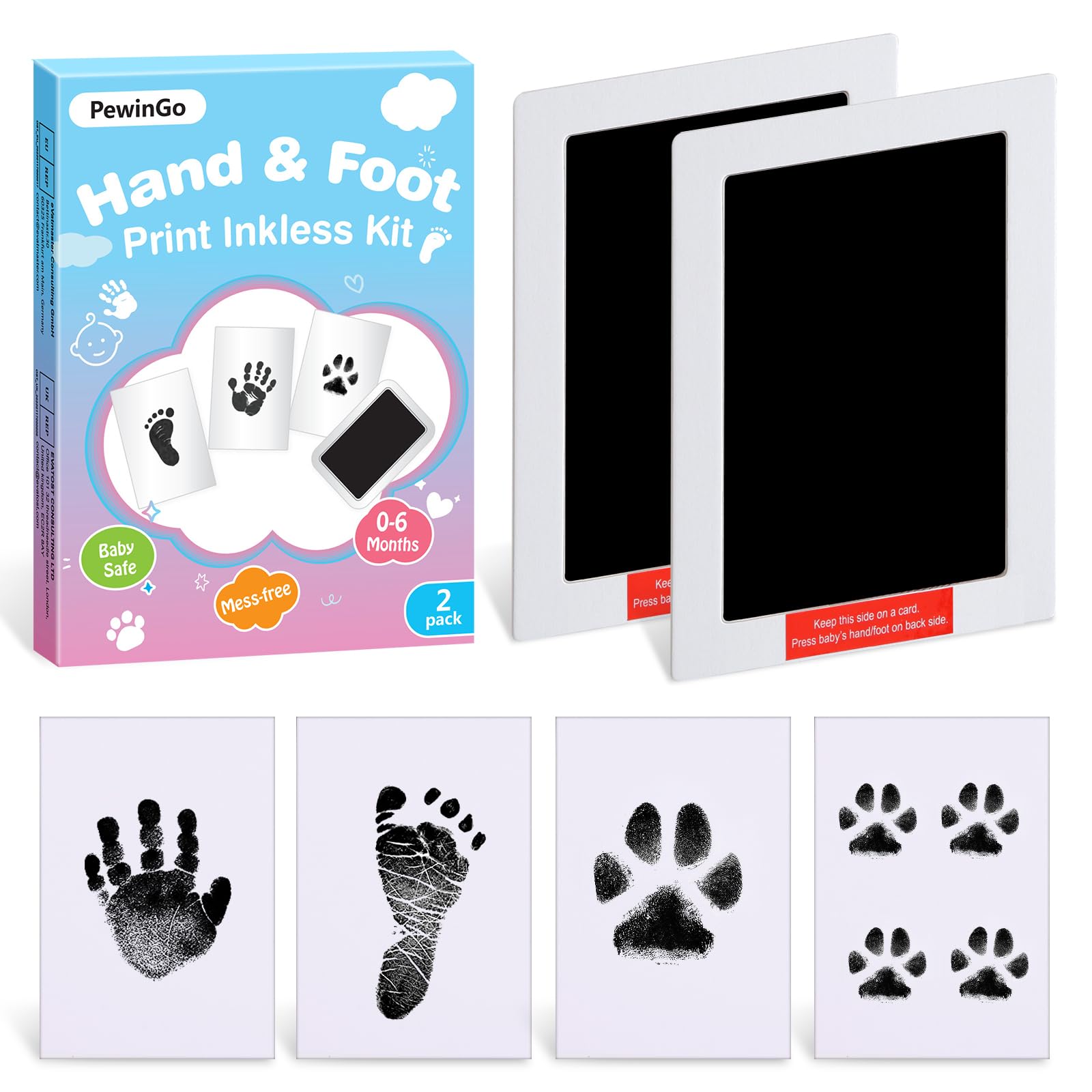 PewinGo XL Größe Baby Handabdruck und Fußabdruck Set,2 tintenfreie Baby-Abdruckpads,4 Abdruckkarten,sicher für Babys,Andenken-Geschenke für Baby,Pfotenabdruck-Set,Essentials für Neugeborene,Schwarz