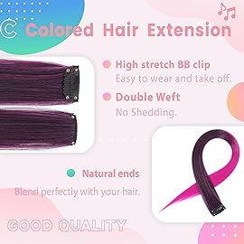 Colored Hair Extensions, 22 Inch Straight Clip in Hair Extension Body Face Hair Glitter Multi Color Rainbow Pink Red Hairpiece Extensions for Kids Girls Women (Glitter+Ombre Black Rose Purple)