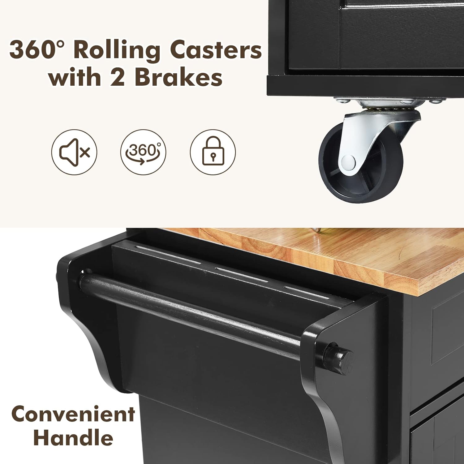 Close-up of rolling casters with brakes and convenient side handle