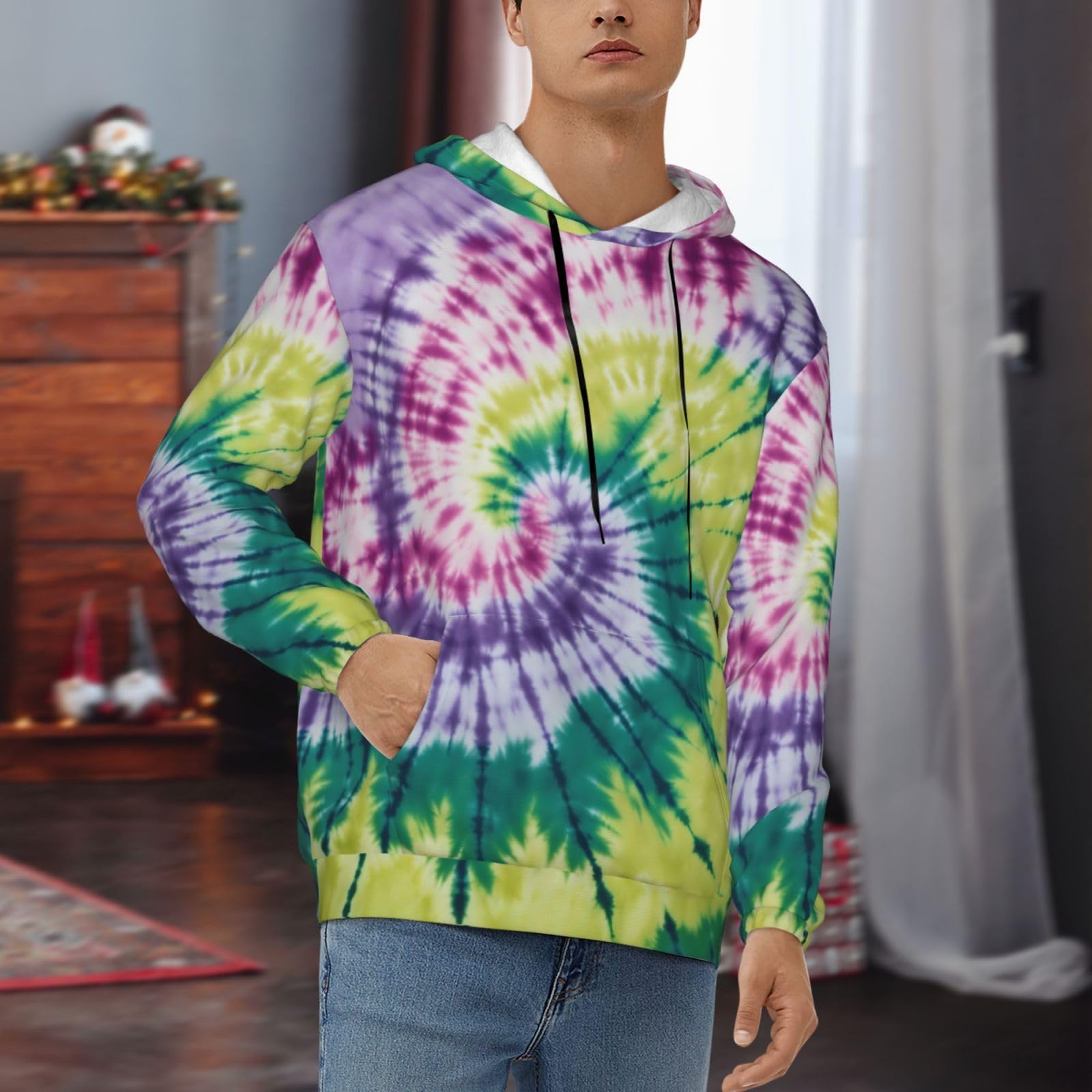 Męska bluza z kapturem z nadrukiem hipisów, casualowa grafika z nadrukiem bluzy z kapturem z kieszenią