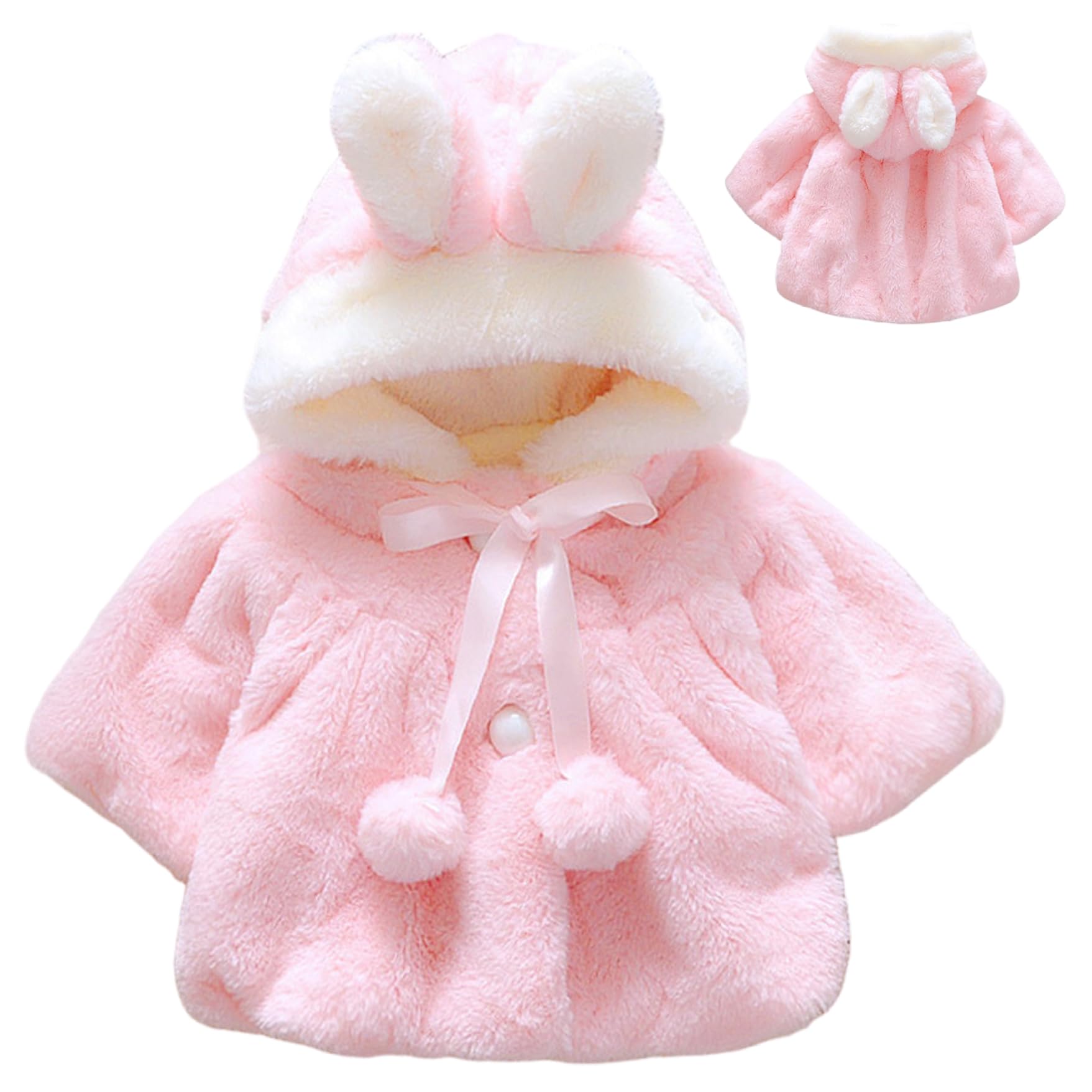 Hperu Women's Faux Furs Baby Girl Clothes Adorable Cute Rabbit Newborn Clothes With Ears & Bow Soft Warm Hoodie Cloak For Girls 6-9 Month - Baby Coat